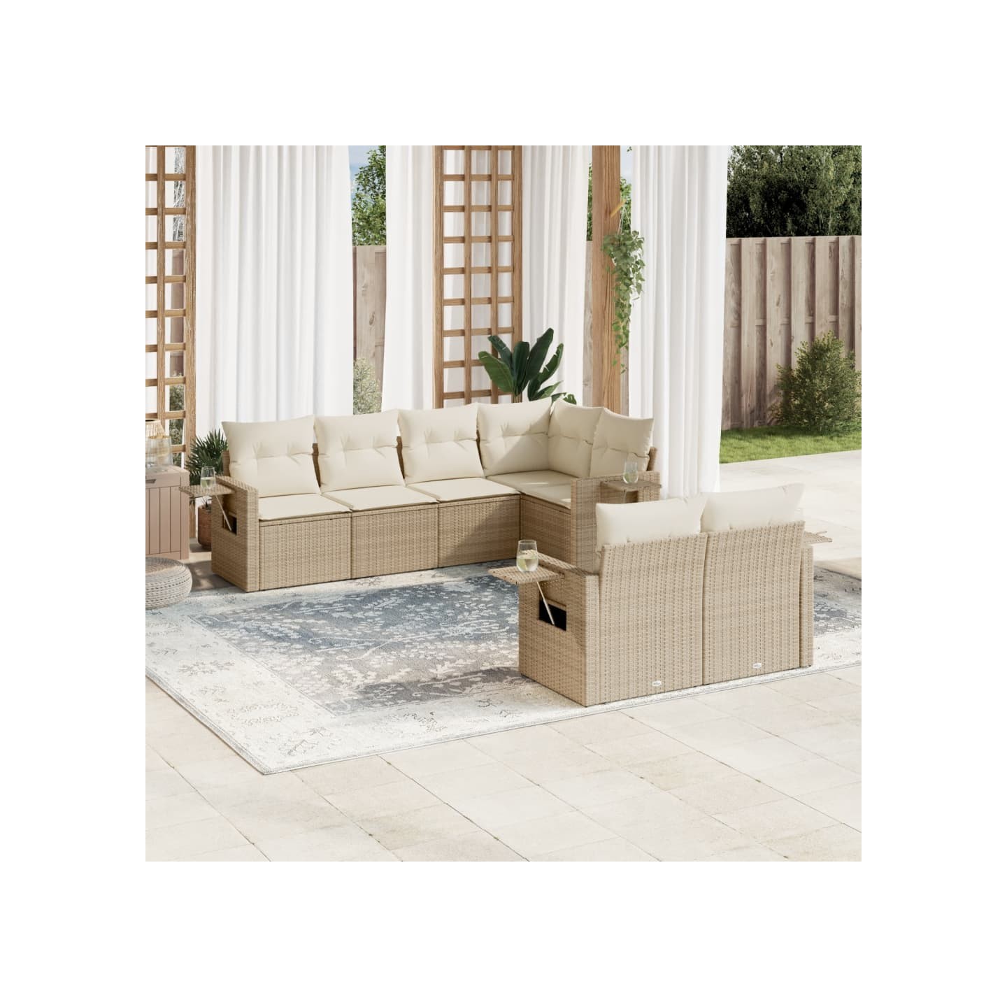 Salon de jardin avec coussins 7 pcs beige résine tressée