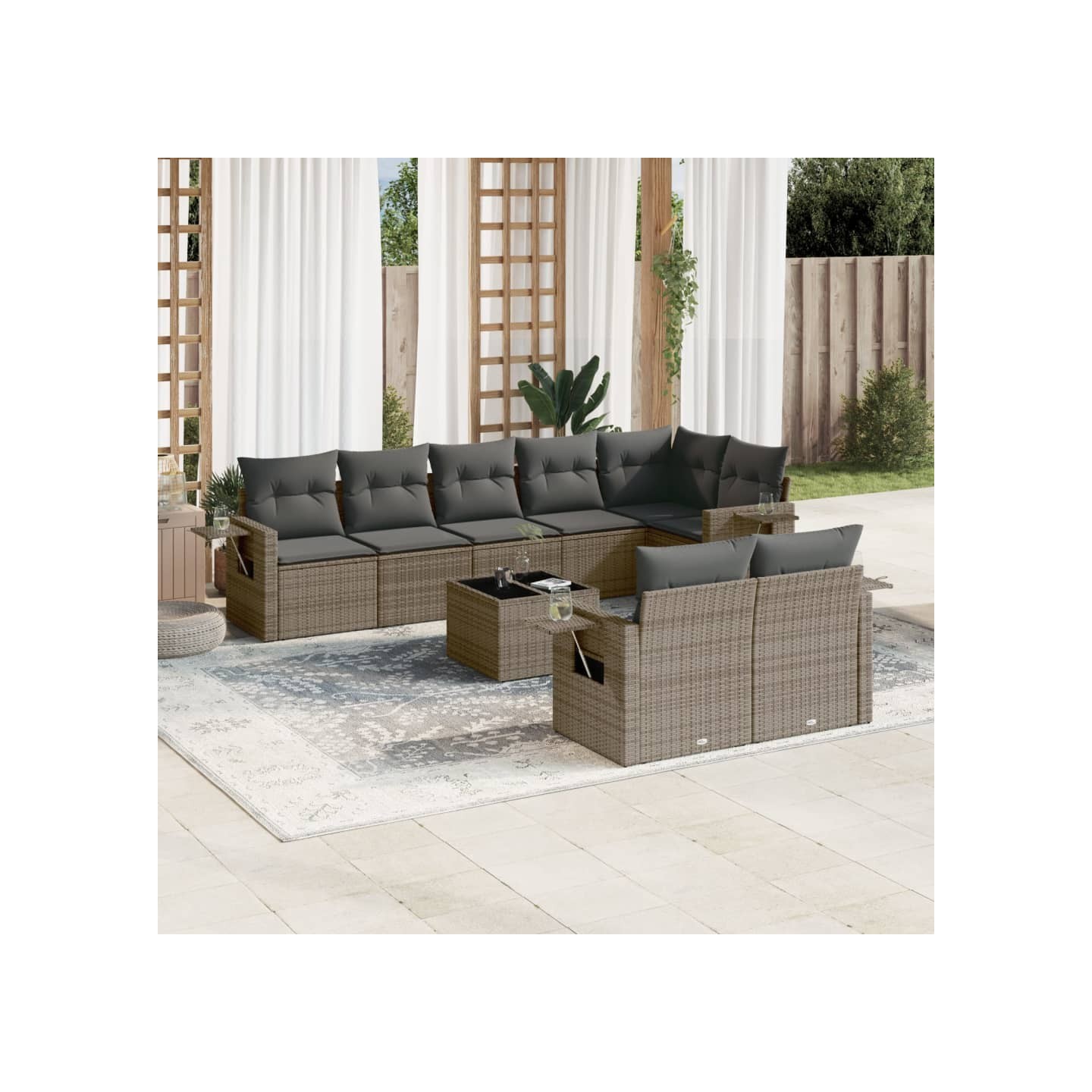 Salon de jardin 9 pcs avec coussins gris résine tressée