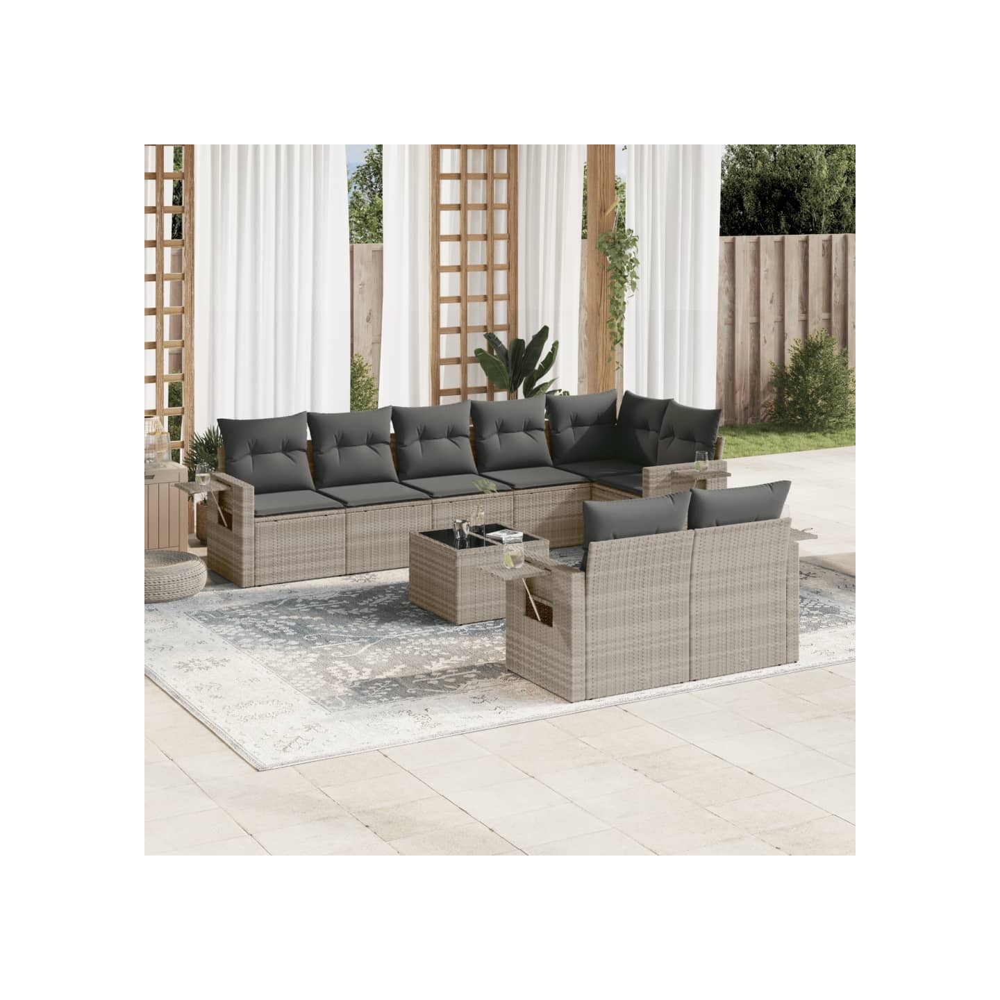 Salon de jardin 9 pcs avec coussins gris clair résine tressée