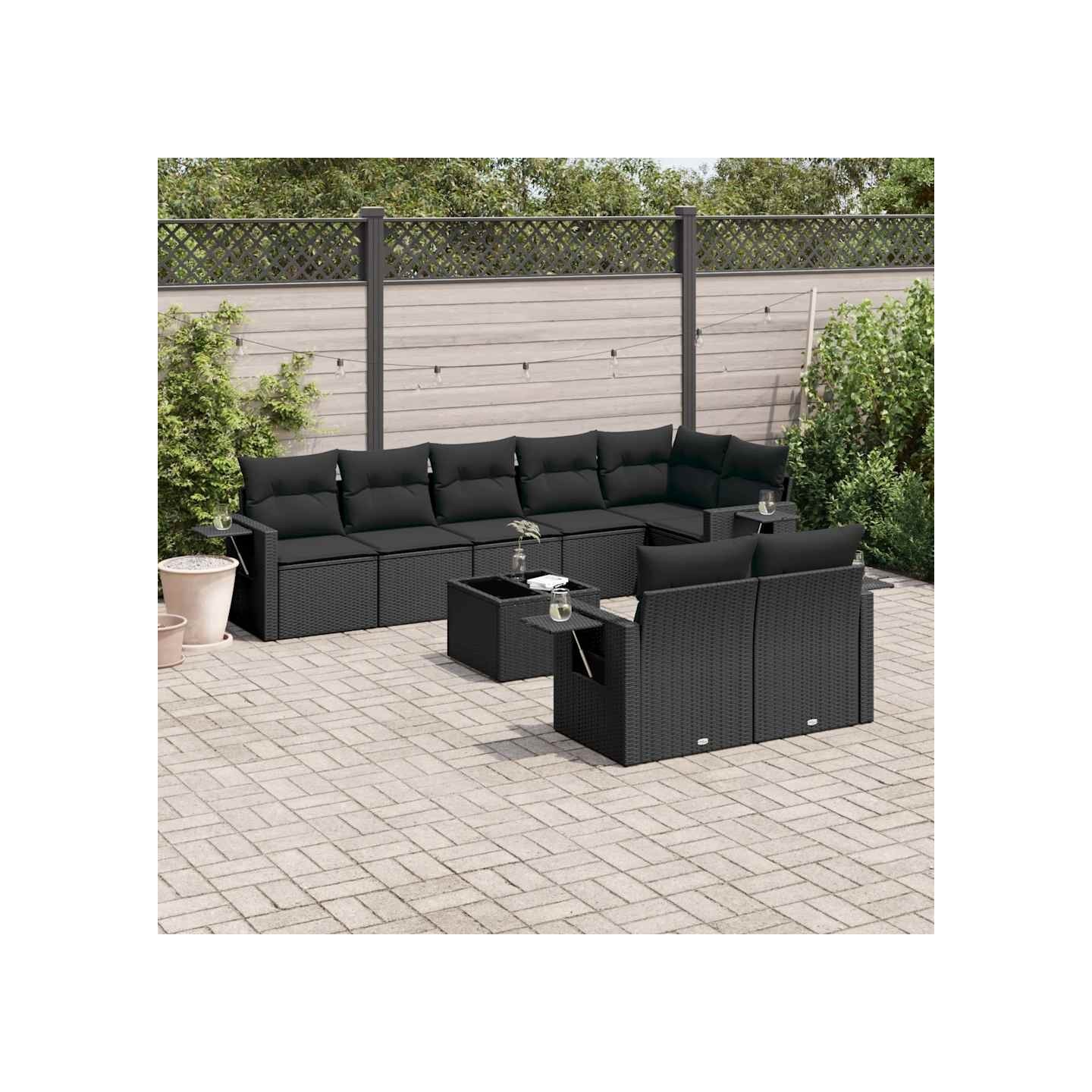 Salon de jardin 9 pcs avec coussins noir résine tressée