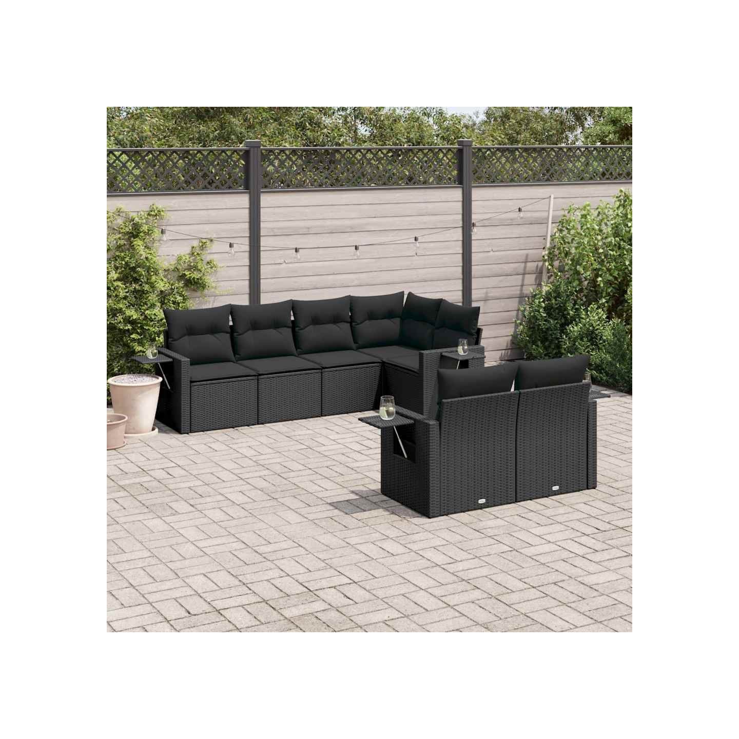 Salon de jardin 7 pcs avec coussins noir résine tressée