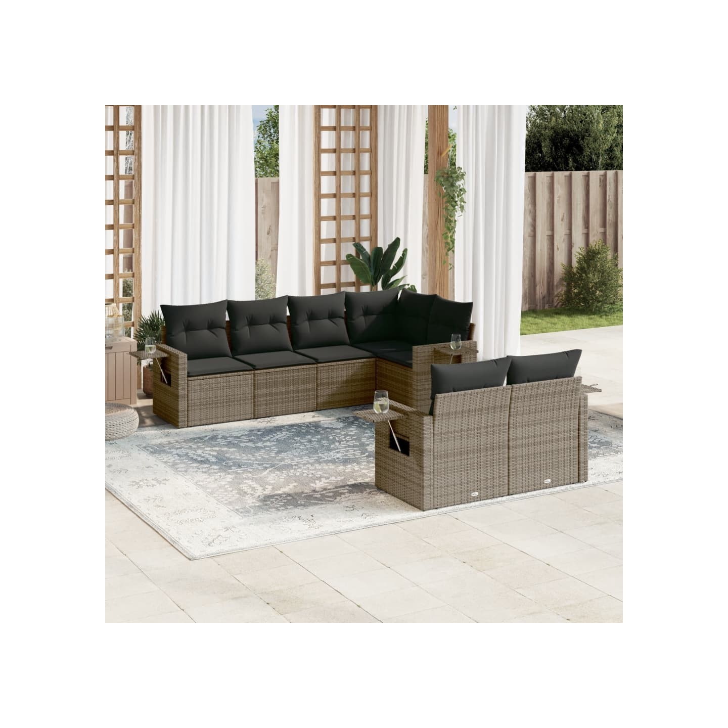 Salon de jardin avec coussins 7 pcs gris résine tressée