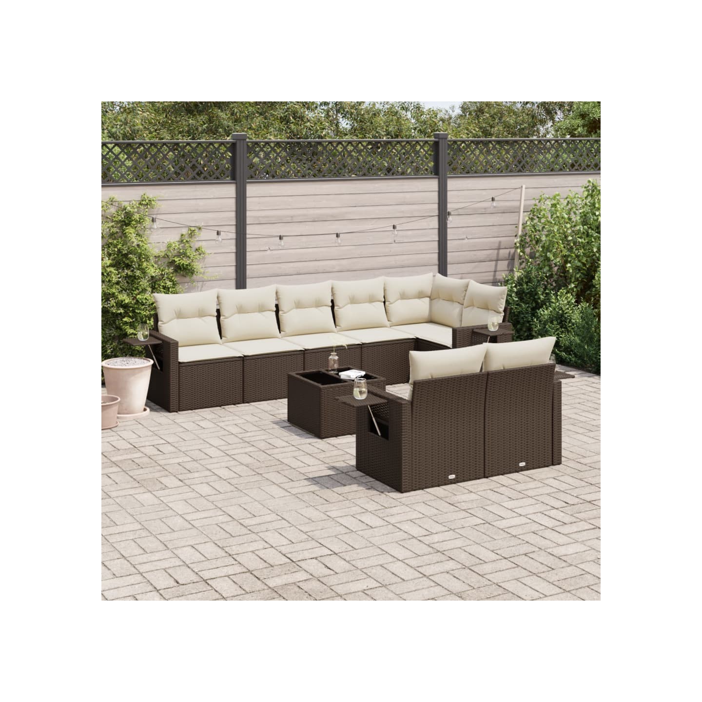Salon de jardin avec coussins 9 pcs marron résine tressée