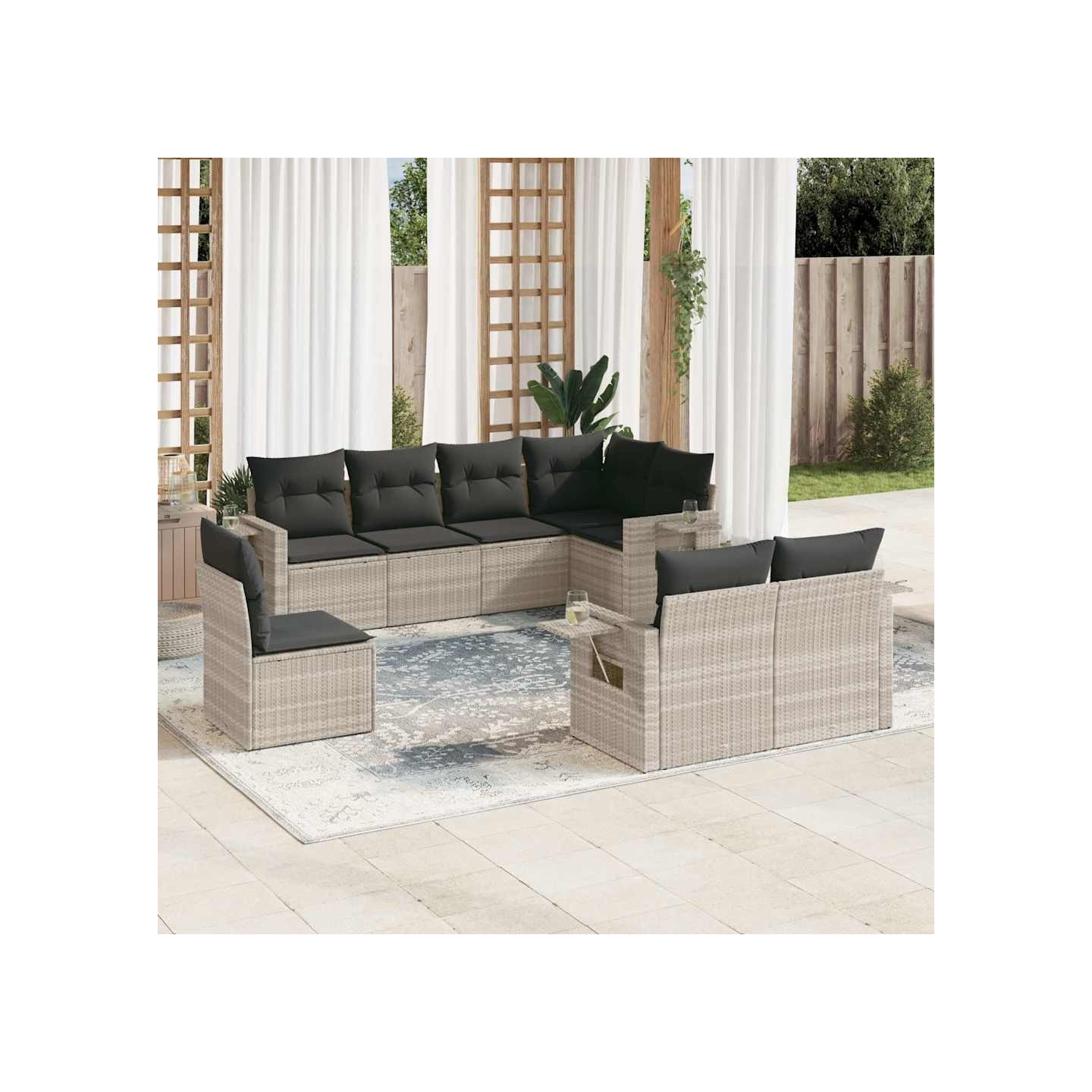 Salon de jardin 8 pcs avec coussins gris clair résine tressée