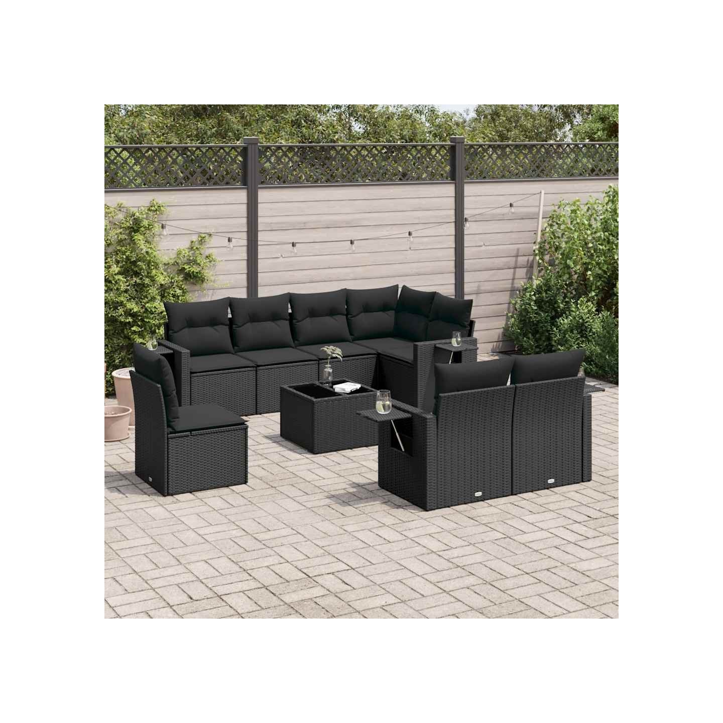 Salon de jardin 9 pcs avec coussins noir résine tressée