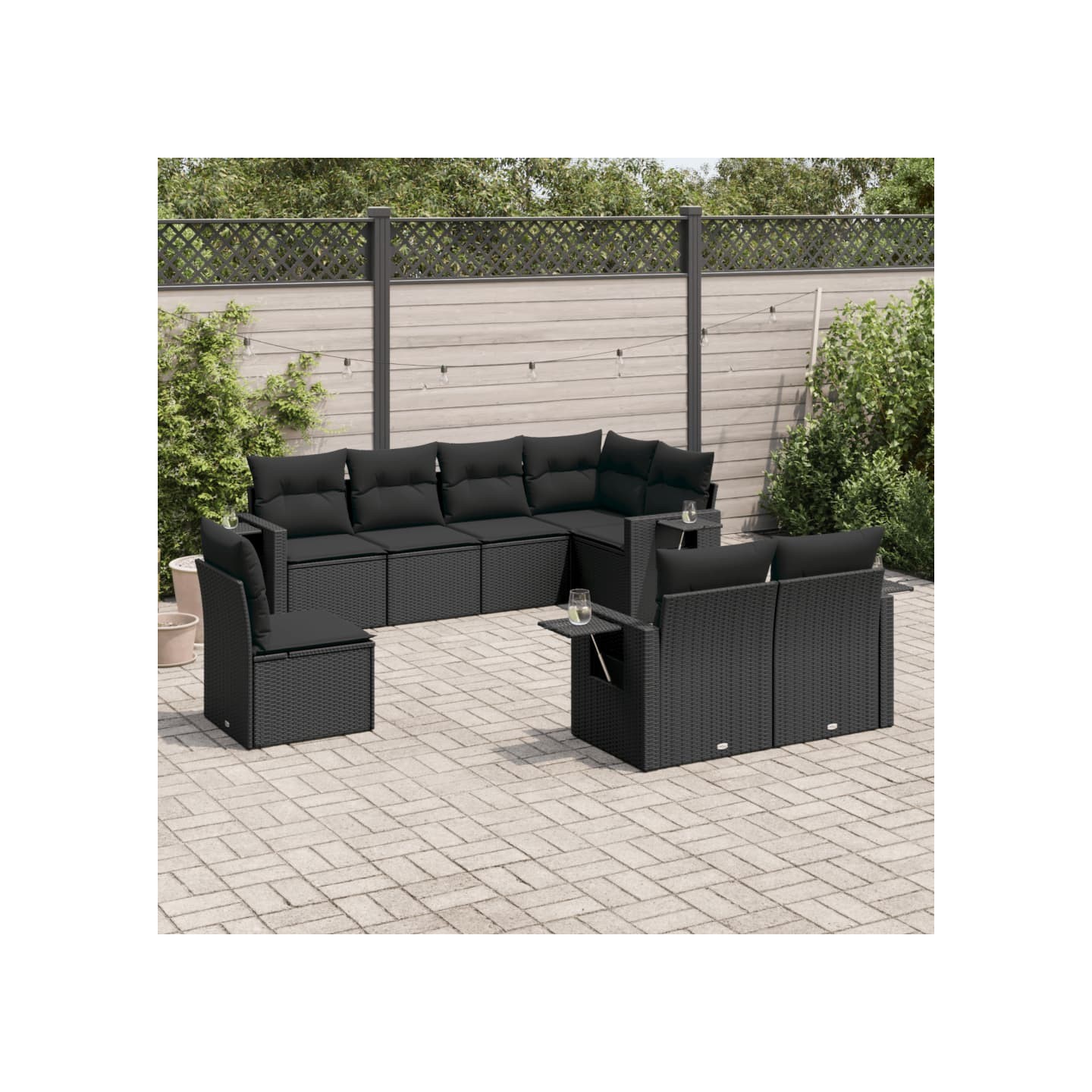 Salon de jardin 8 pcs avec coussins noir résine tressée