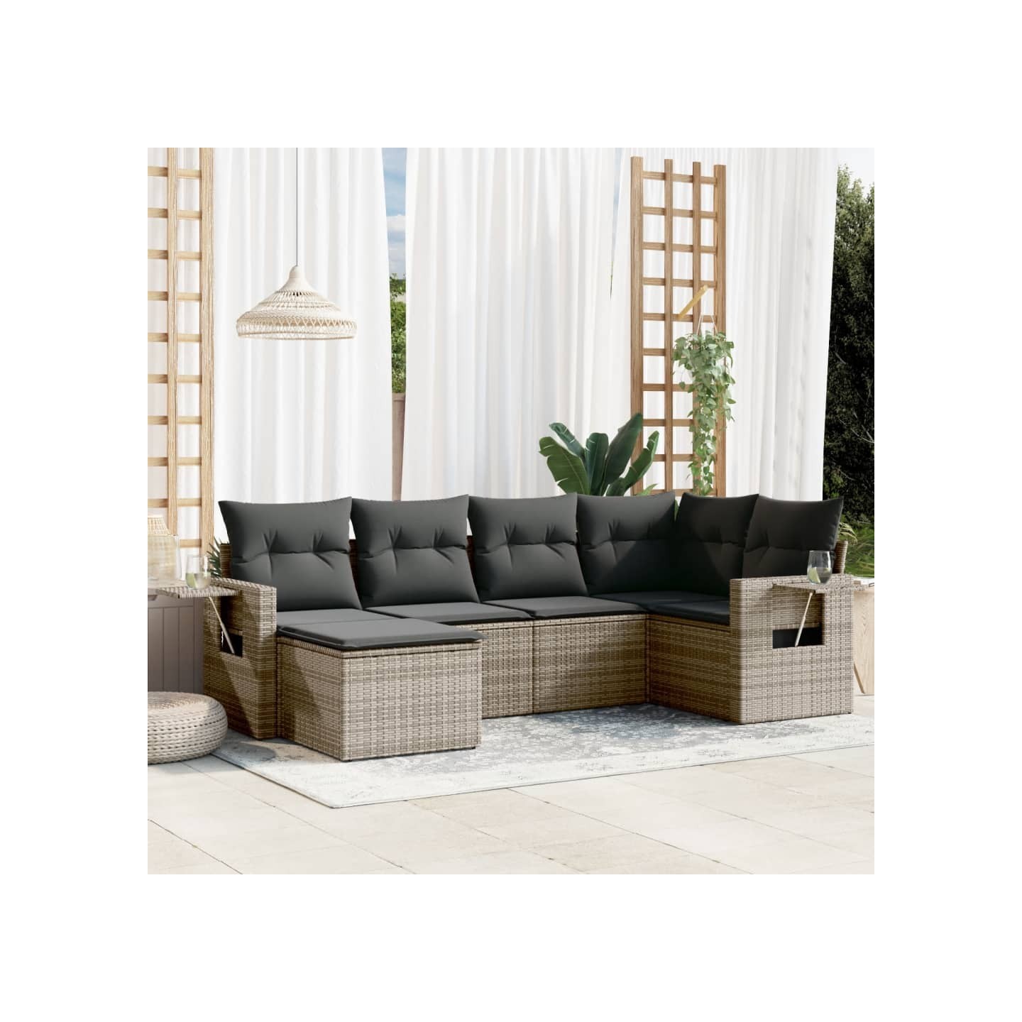 Salon de jardin 6 pcs avec coussins gris résine tressée