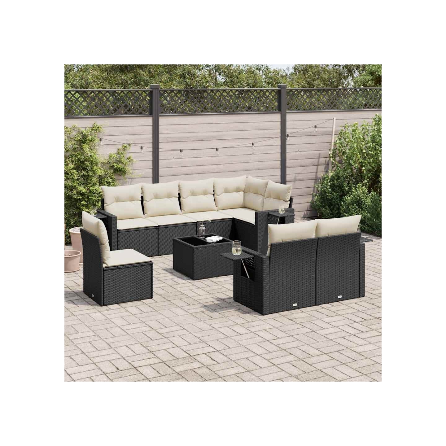 Salon de jardin 9 pcs avec coussins noir résine tressée