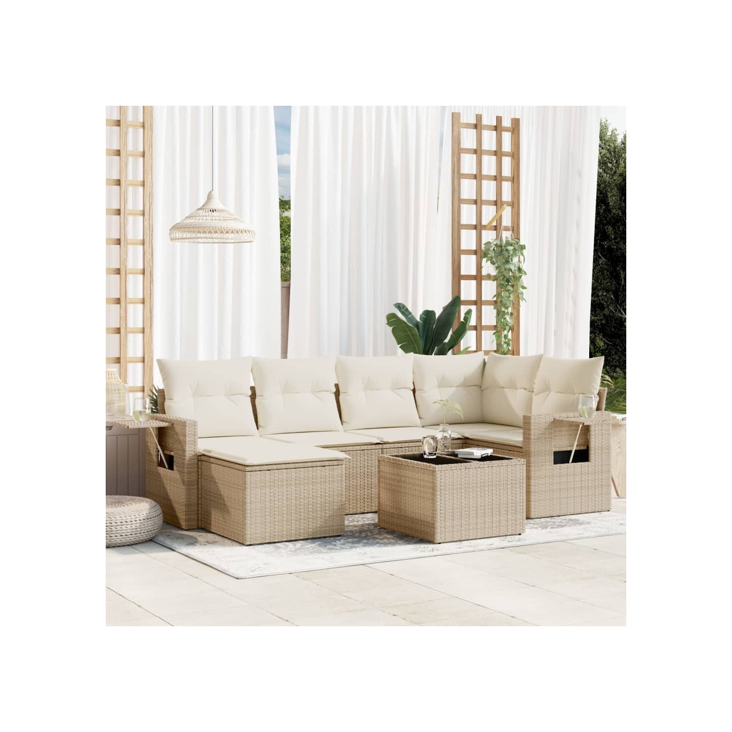 Salon de jardin avec coussins 7 pcs beige résine tressée