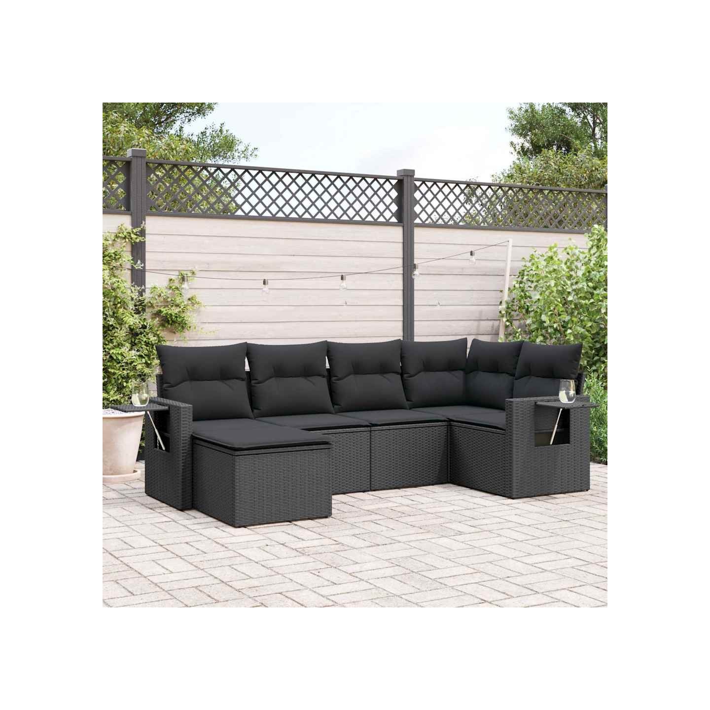 Salon de jardin 6 pcs avec coussins noir résine tressée
