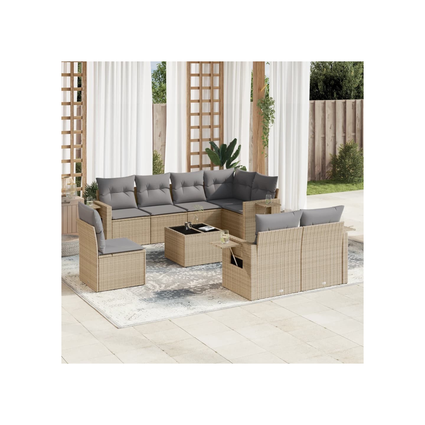 Salon de jardin avec coussins 9 pcs beige résine tressée