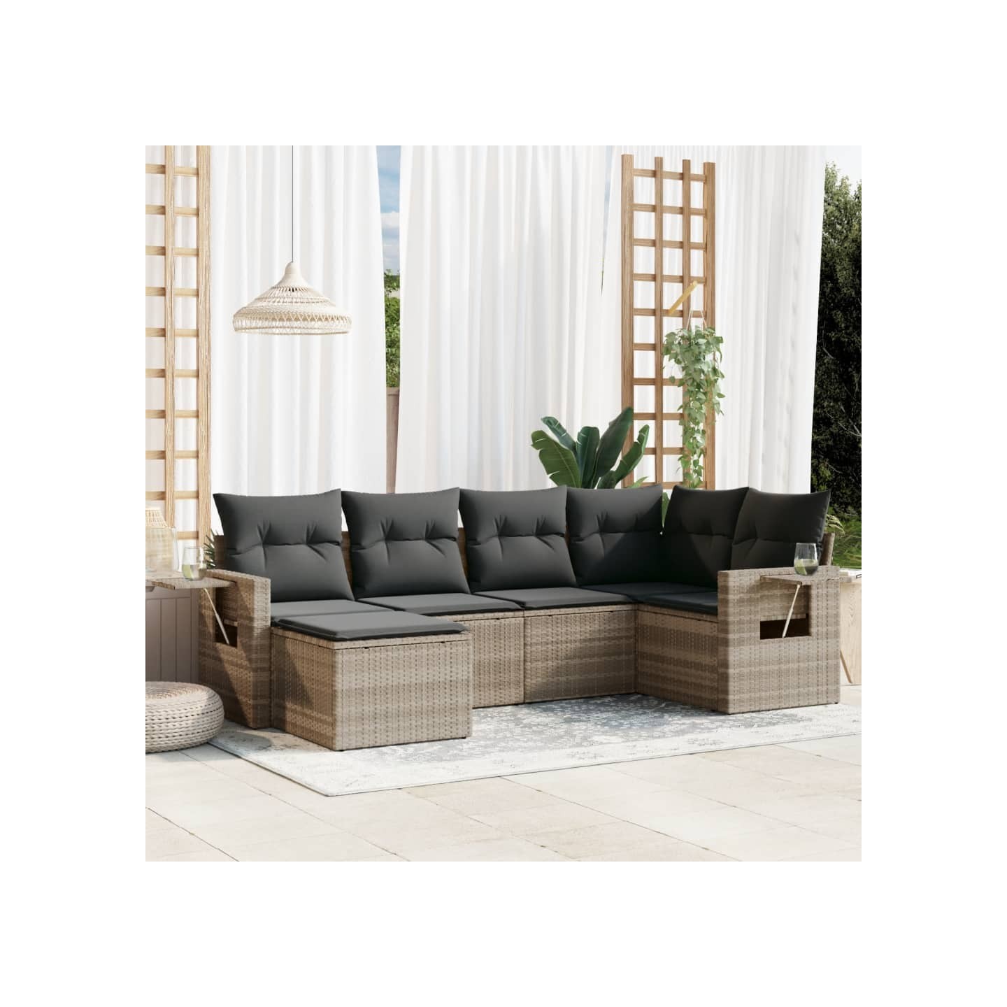 Salon de jardin 6 pcs avec coussins gris clair résine tressée