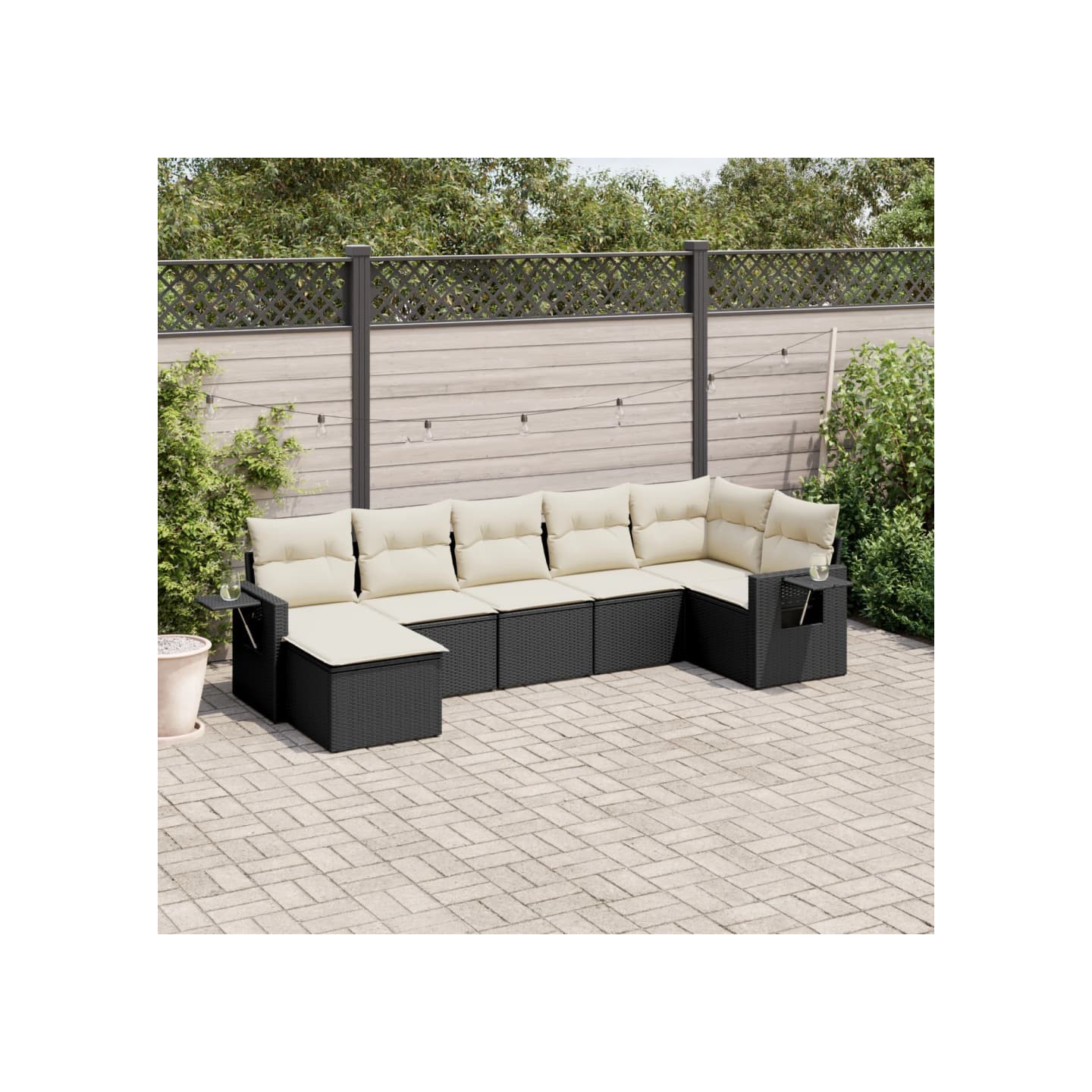 Salon de jardin 7 pcs avec coussins noir résine tressée