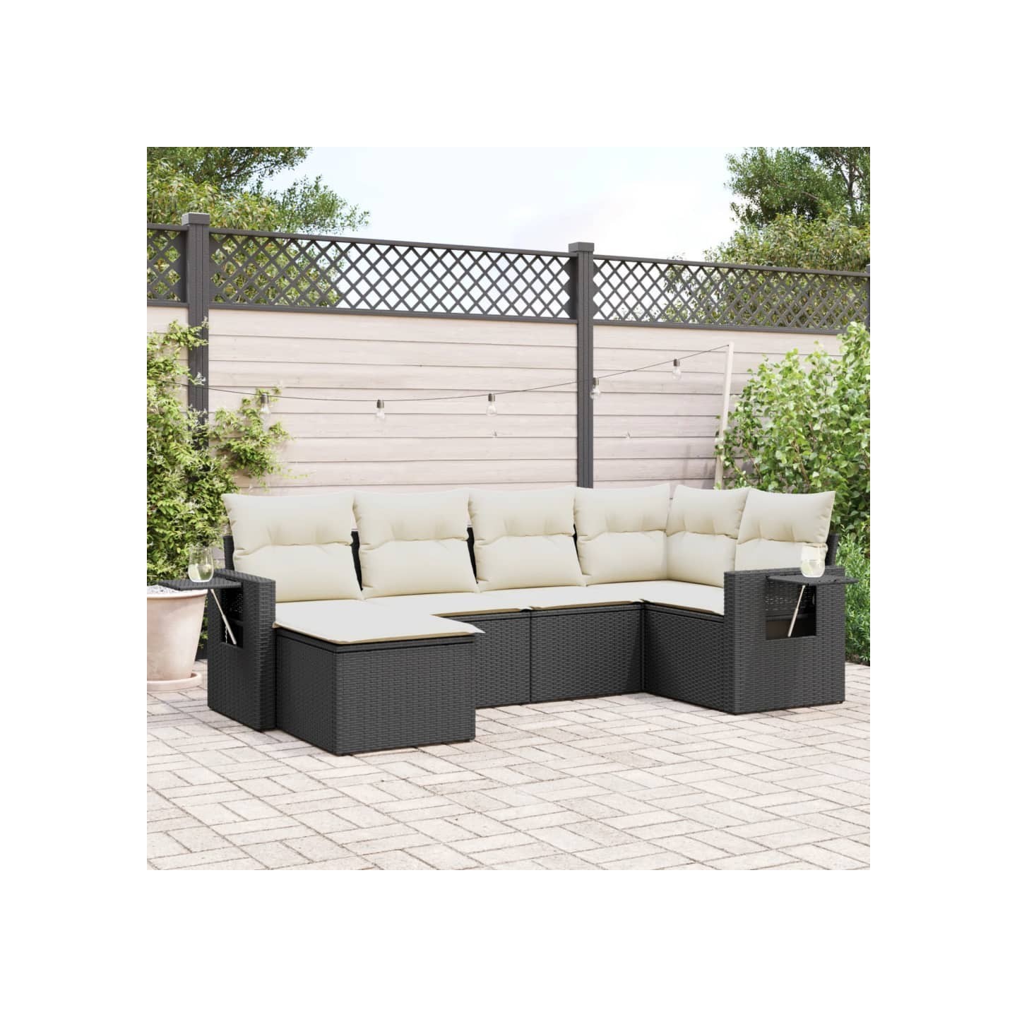 Salon de jardin 6 pcs avec coussins noir résine tressée