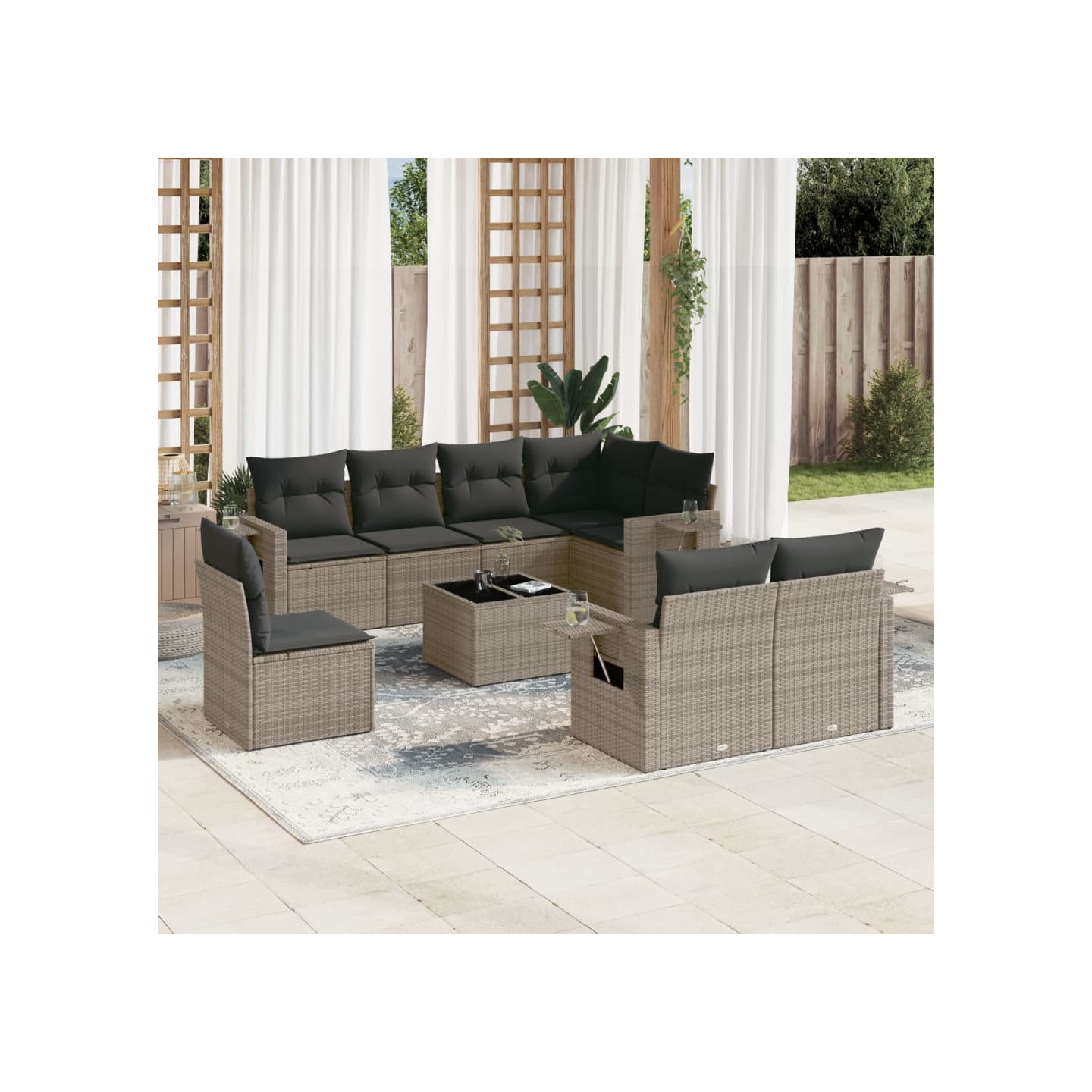 Salon de jardin 9 pcs avec coussins gris résine tressée