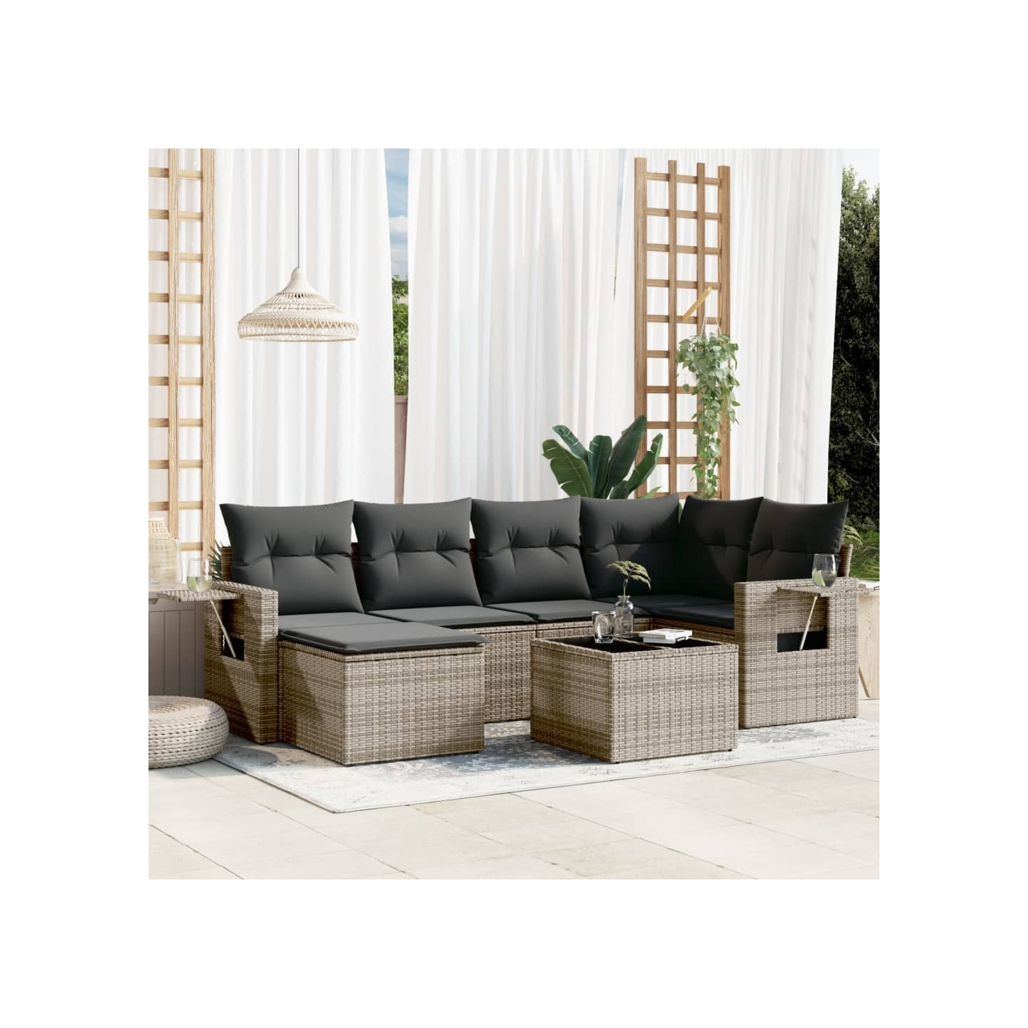 Salon de jardin avec coussins 7 pcs gris résine tressée