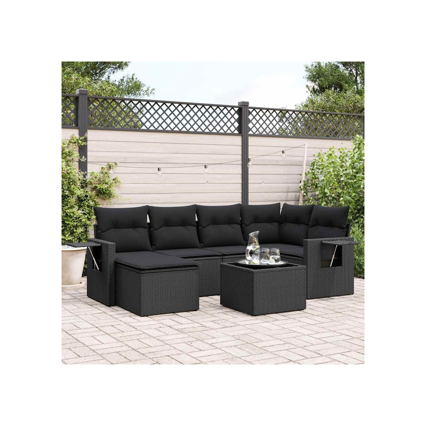 Salon de jardin 7 pcs avec coussins noir résine tressée
