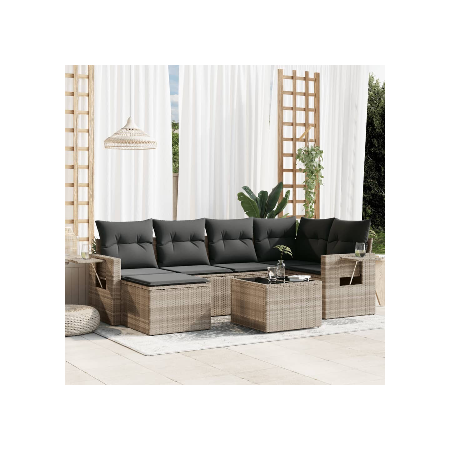 Salon de jardin avec coussins 7 pcs gris clair résine tressée