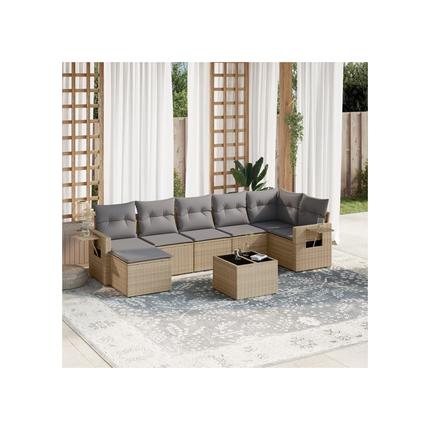 Salon de jardin avec coussins 8 pcs beige résine tressée