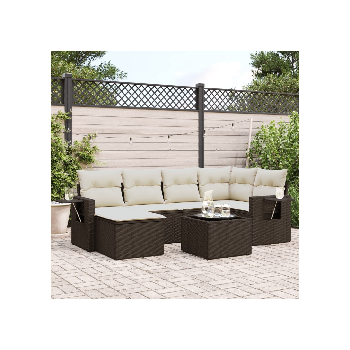 Salon de jardin avec coussins 7 pcs marron résine tressée