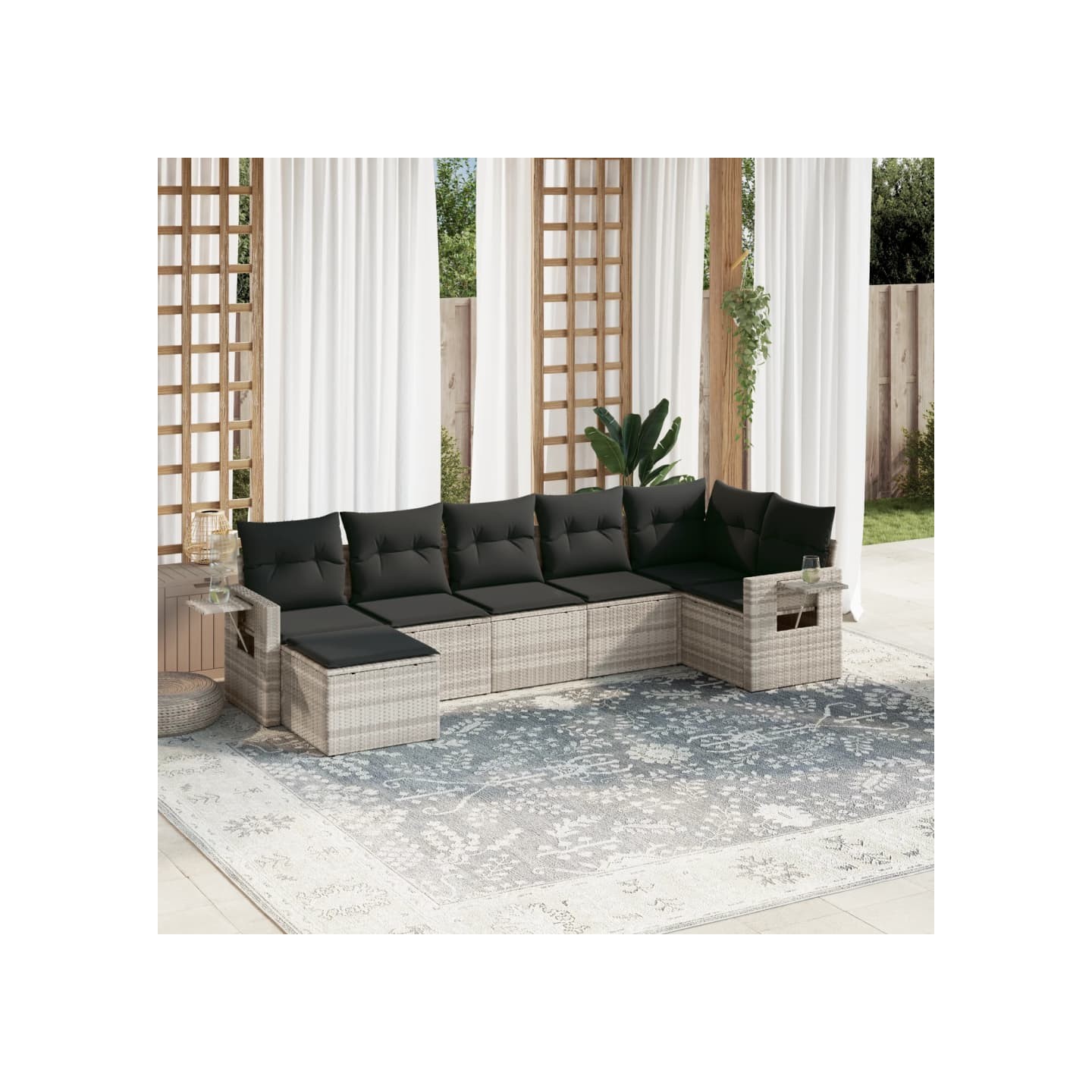 Salon de jardin avec coussins 7 pcs gris clair résine tressée