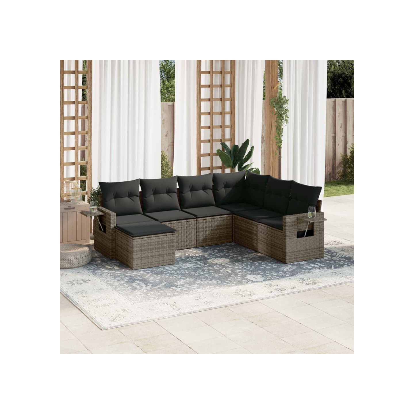Salon de jardin avec coussins 7 pcs gris résine tressée