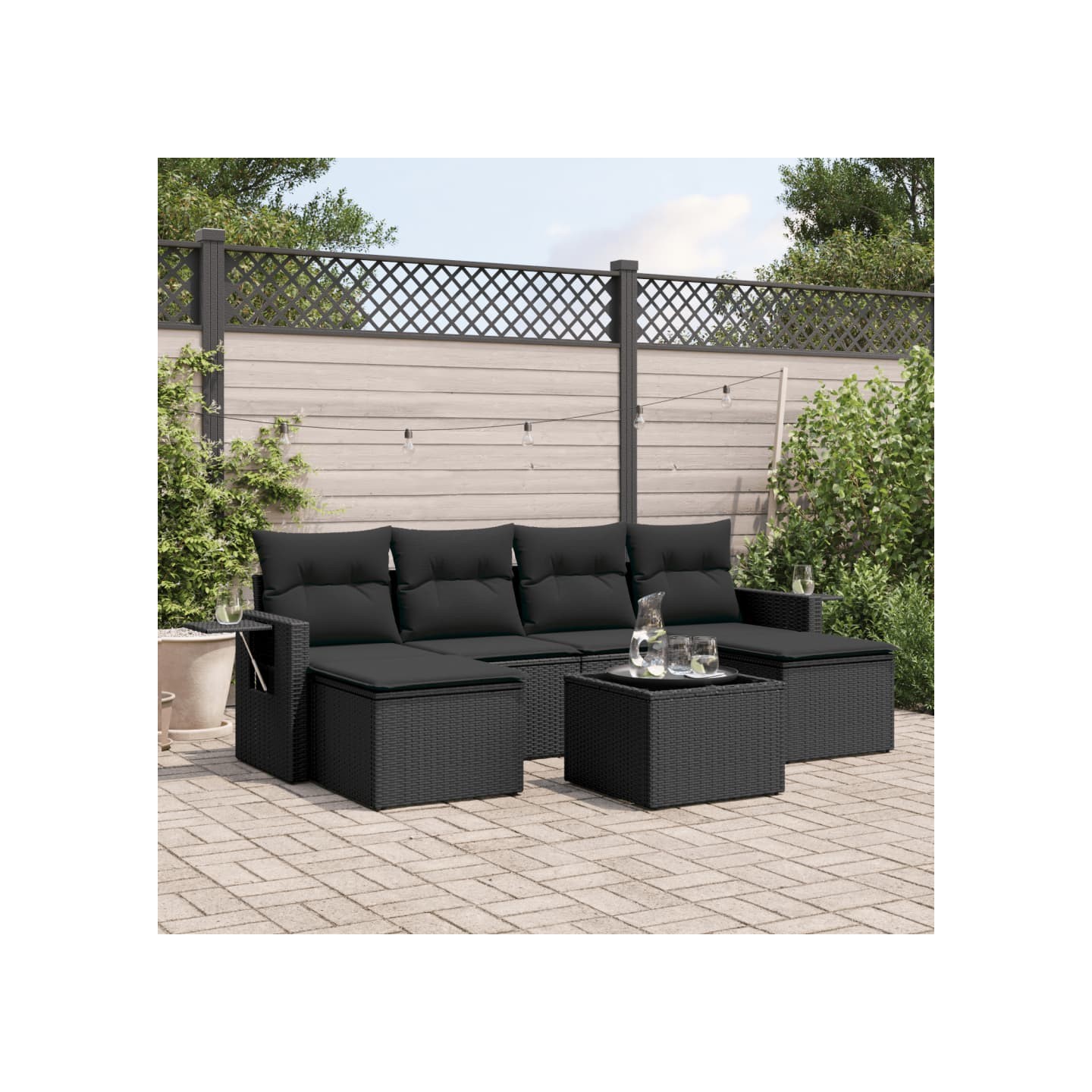 Salon de jardin 7 pcs avec coussins noir résine tressée