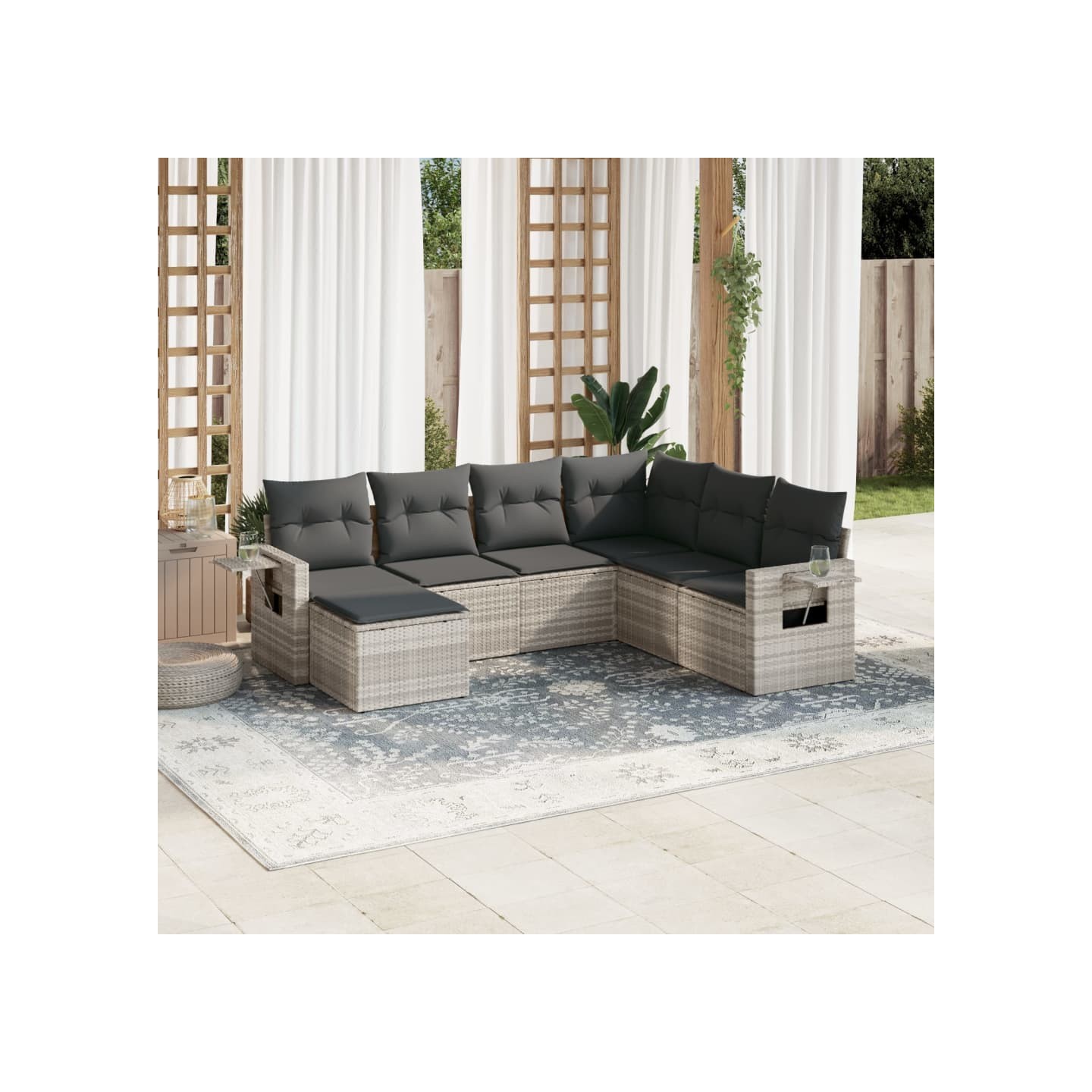 Salon de jardin avec coussins 7 pcs gris clair résine tressée