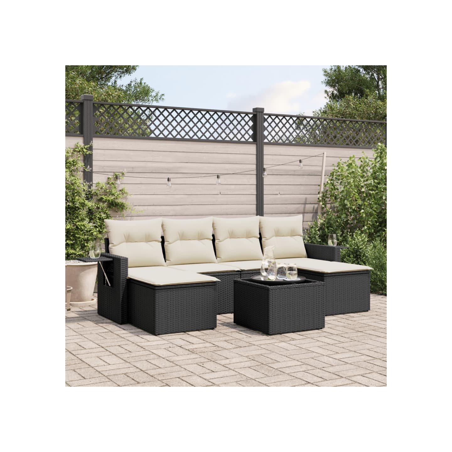 Salon de jardin 7 pcs avec coussins noir résine tressée