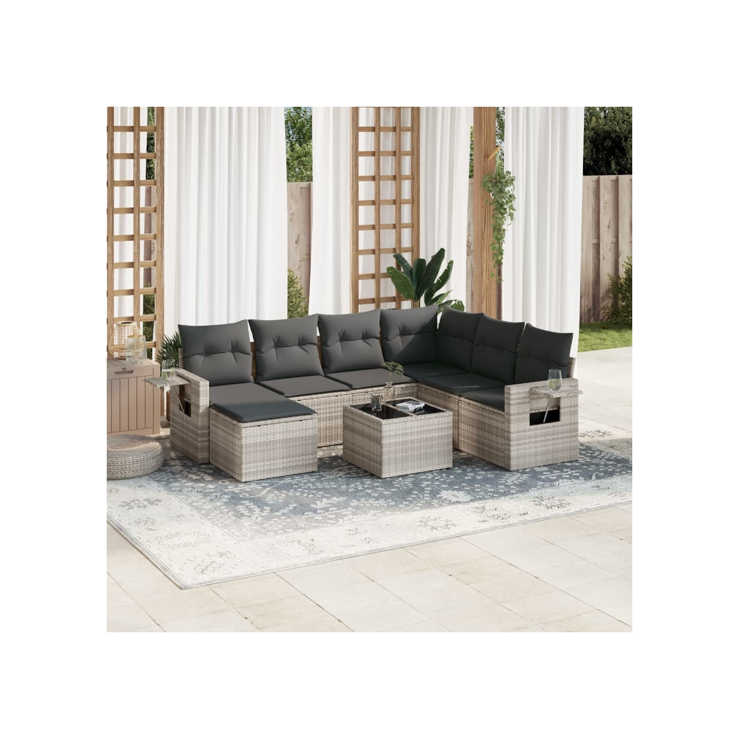 Salon de jardin 8 pcs avec coussins gris clair résine tressée