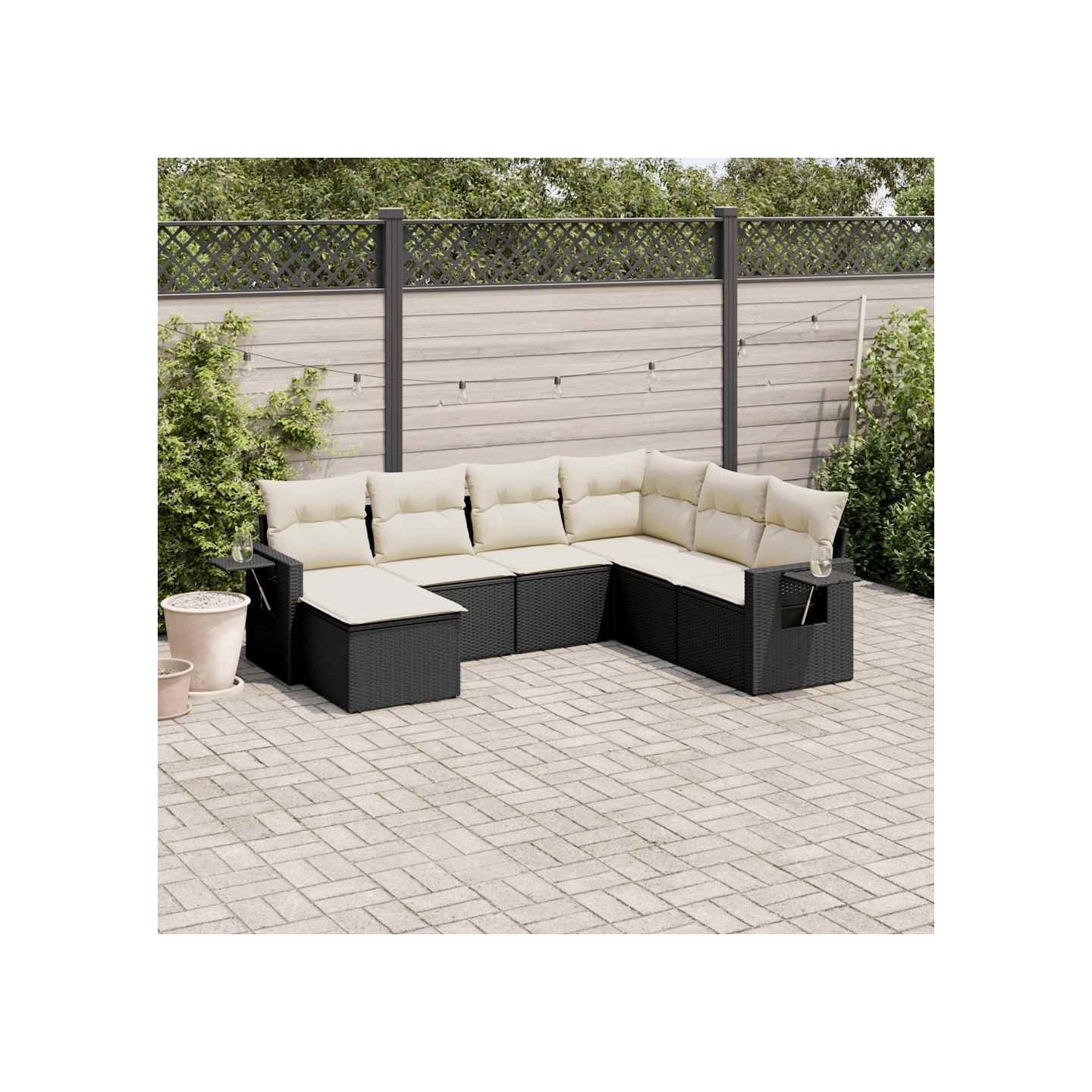 Salon de jardin 7 pcs avec coussins noir résine tressée