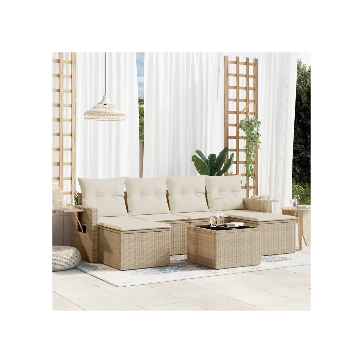 Salon de jardin avec coussins 7 pcs beige résine tressée