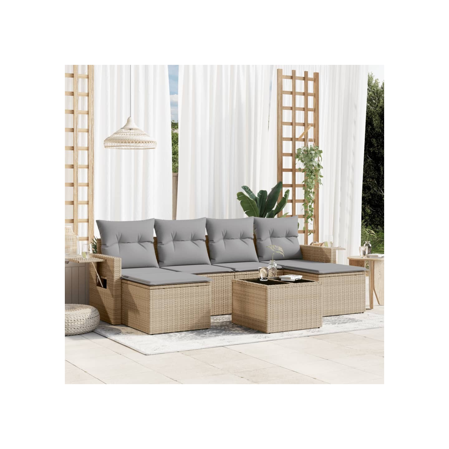 Salon de jardin avec coussins 7 pcs beige résine tressée