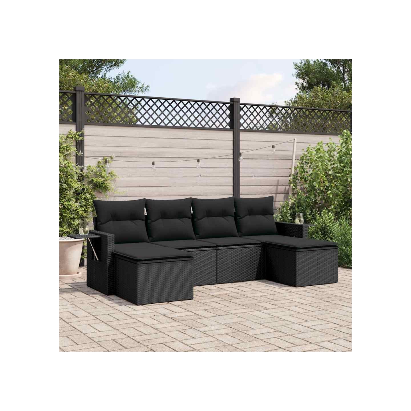 Salon de jardin 6 pcs avec coussins noir résine tressée