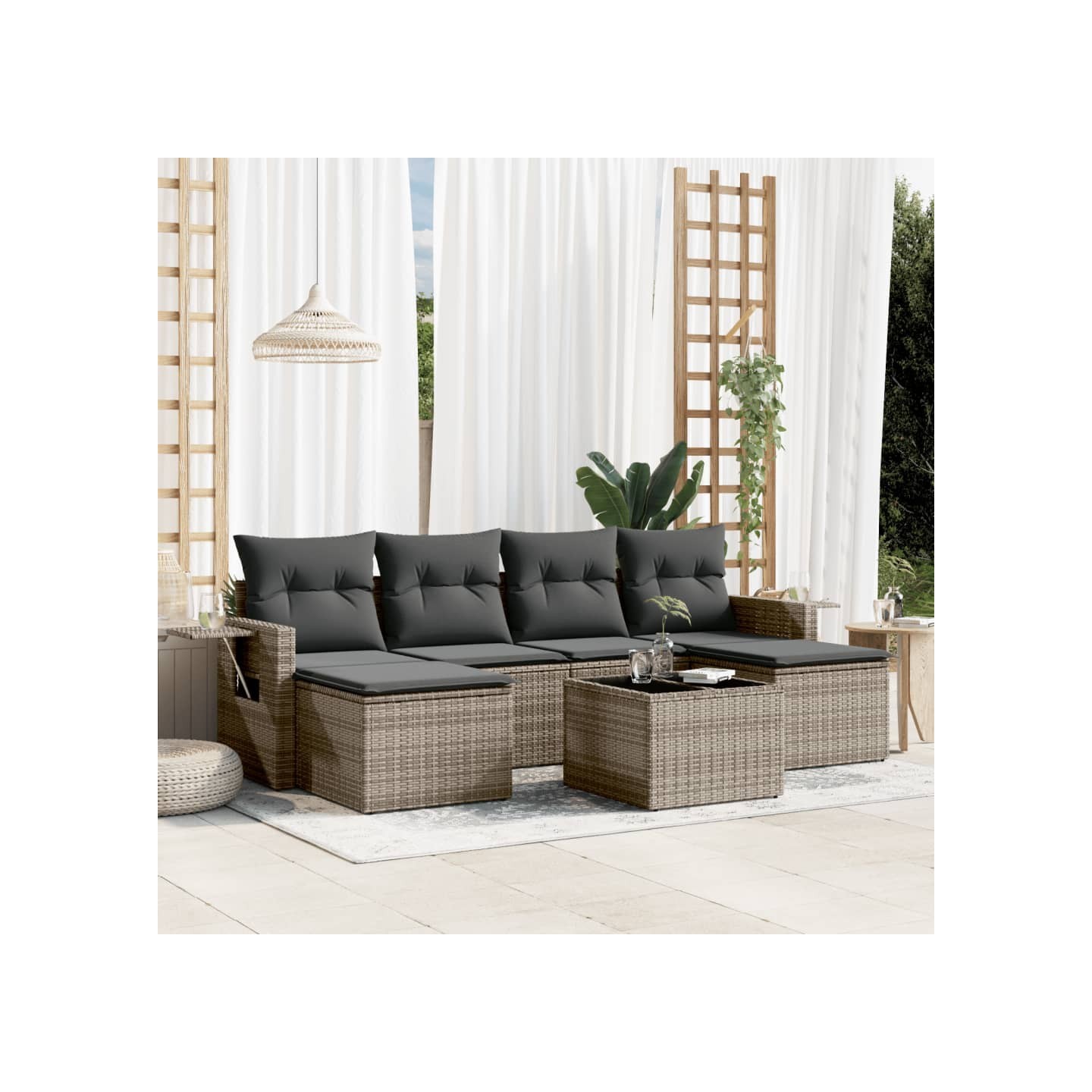Salon de jardin avec coussins 7 pcs gris résine tressée