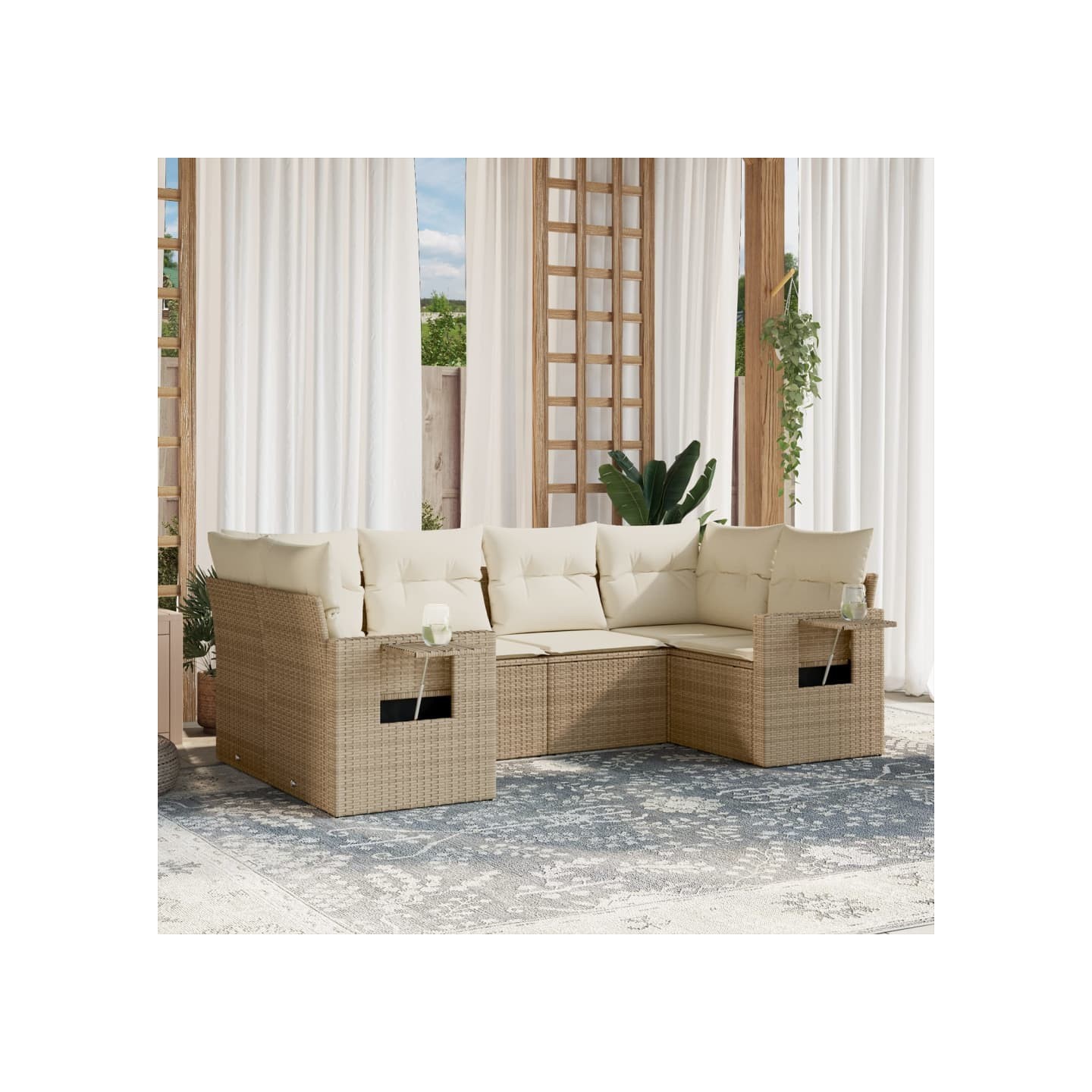 Salon de jardin avec coussins 6 pcs beige résine tressée
