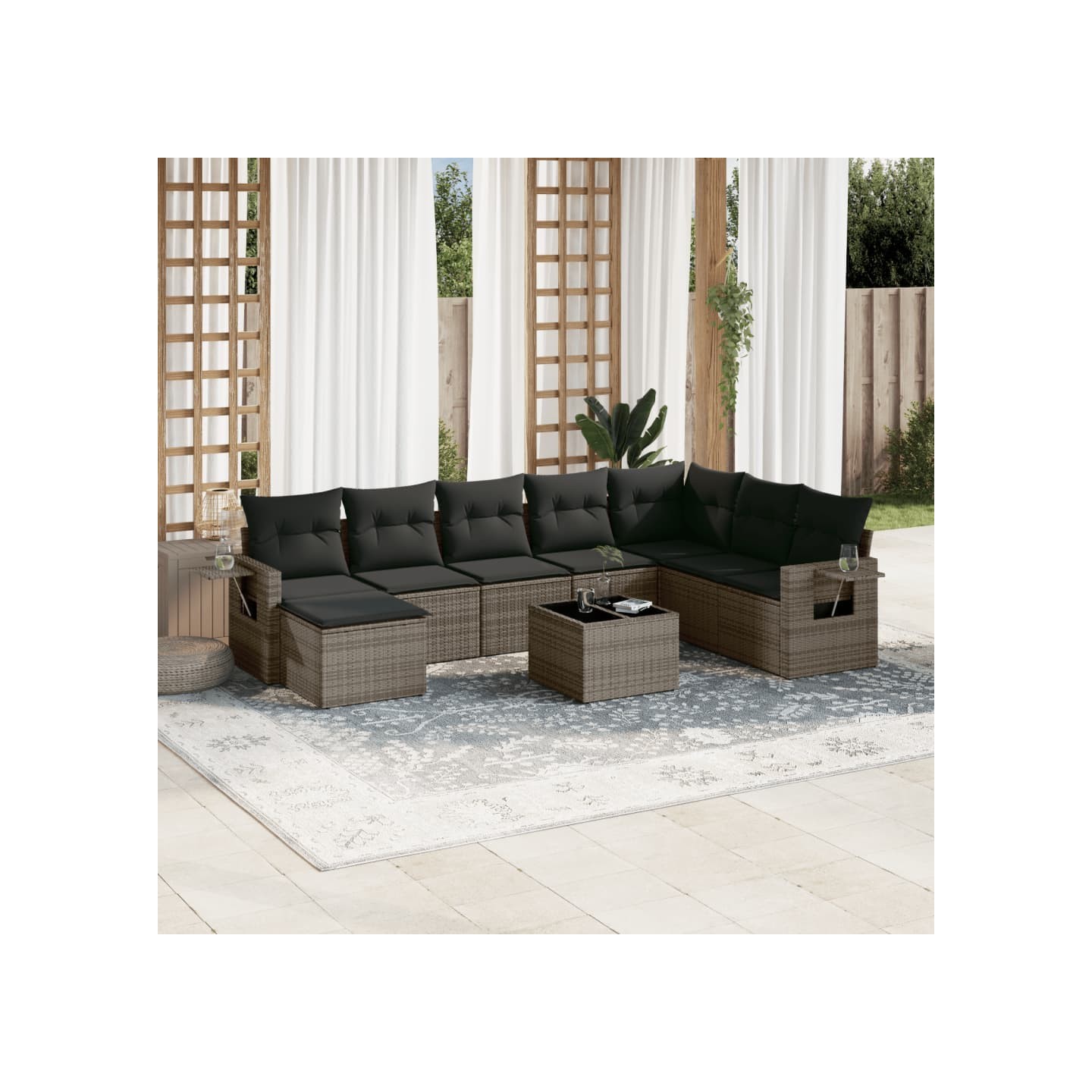 Salon de jardin 9 pcs avec coussins gris résine tressée