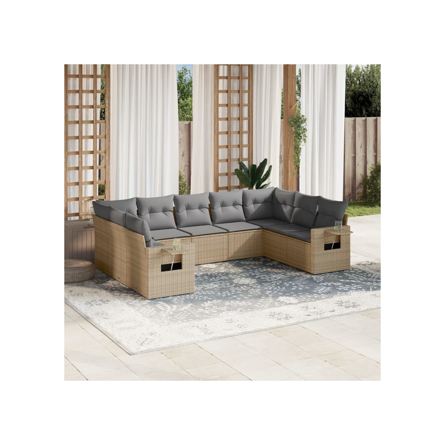 Salon de jardin avec coussins 9 pcs beige résine tressée