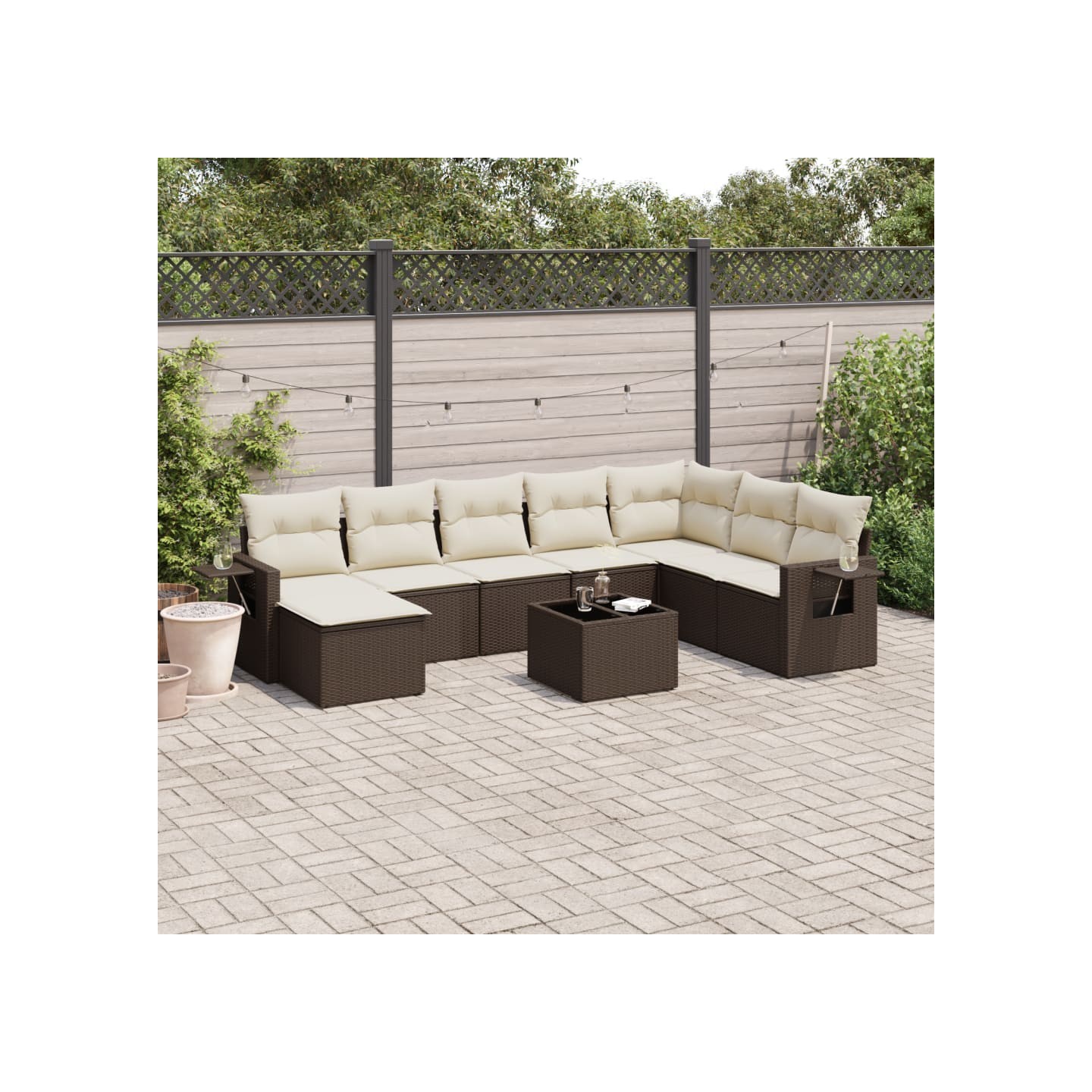 Salon de jardin avec coussins 9 pcs marron résine tressée