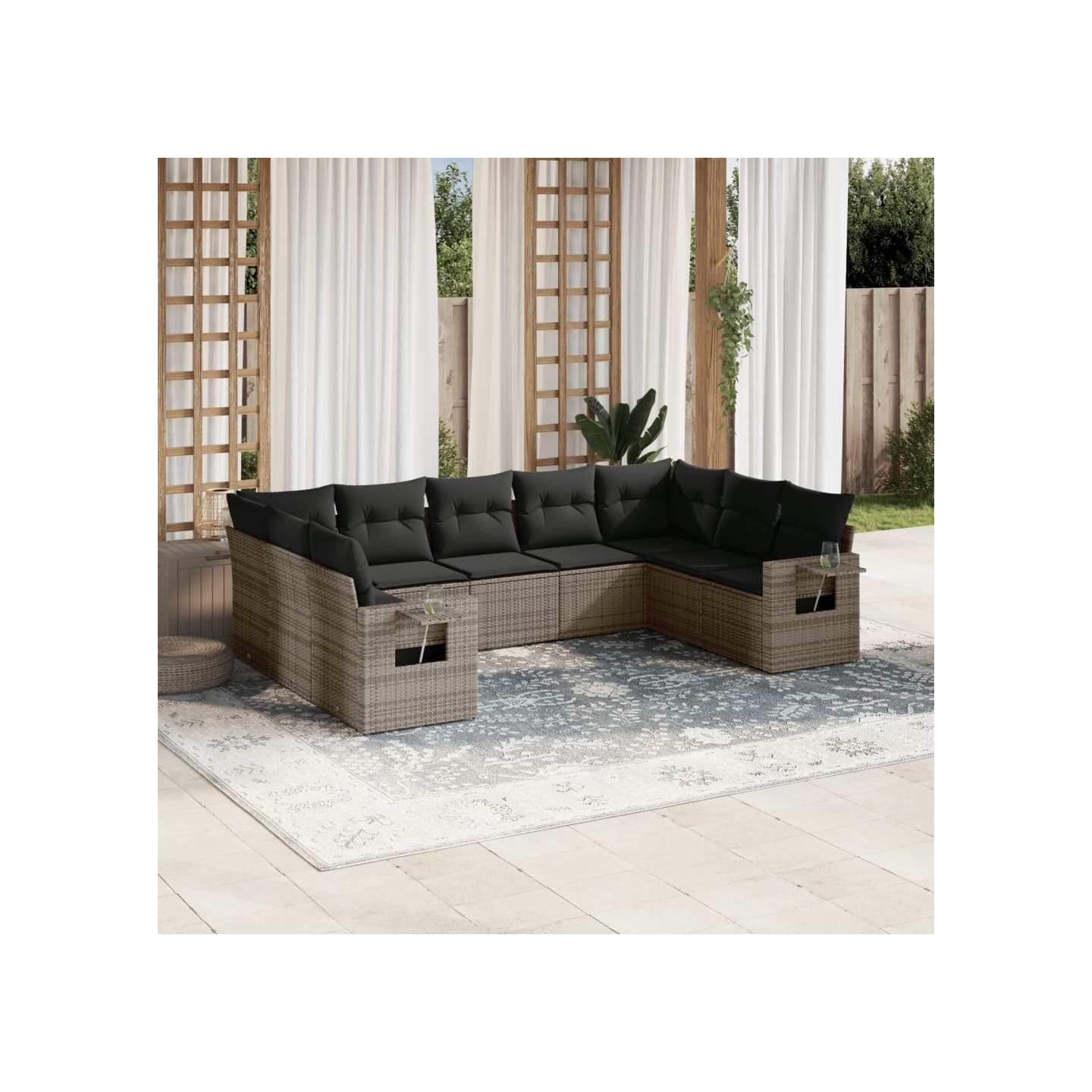 Salon de jardin 9 pcs avec coussins gris résine tressée
