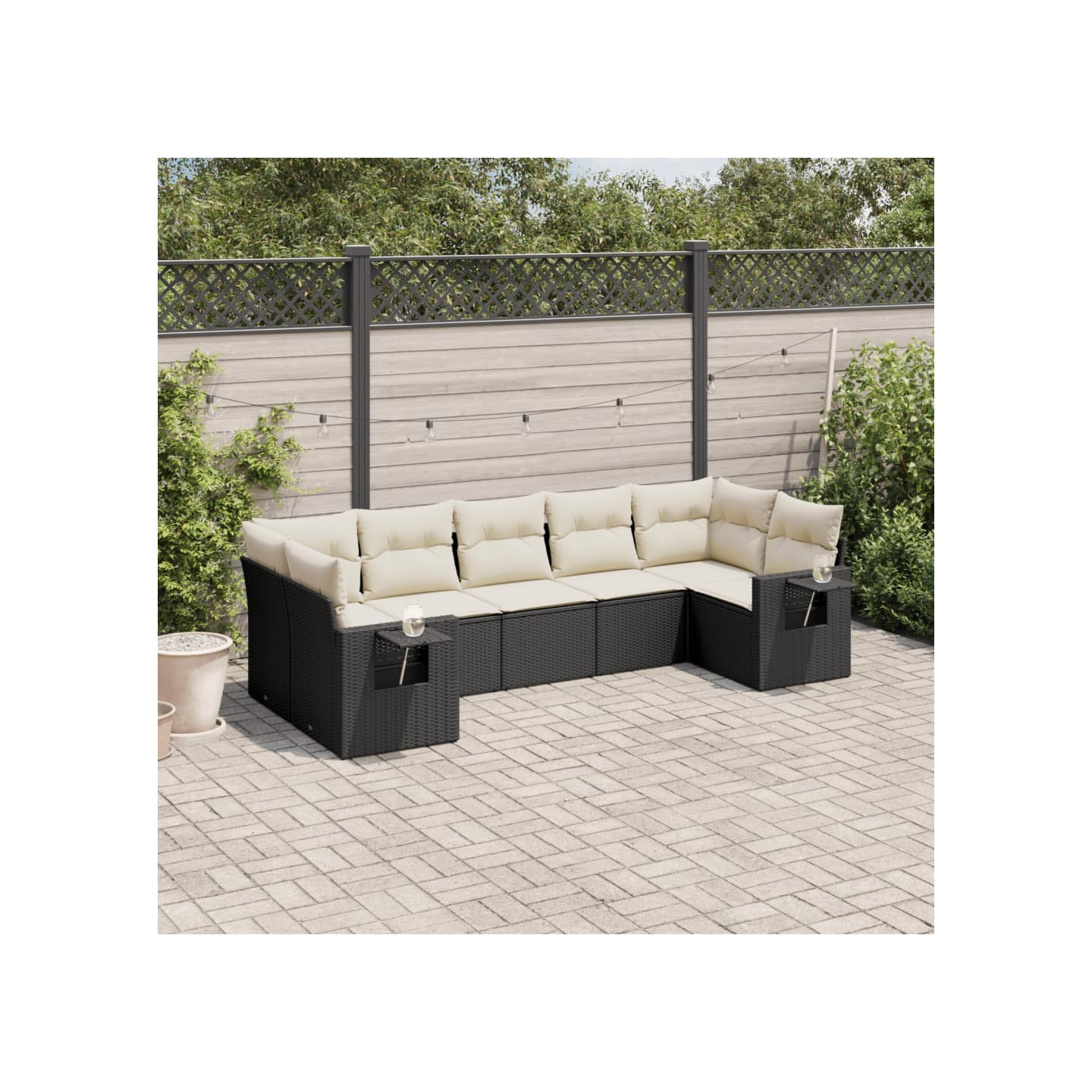 Salon de jardin 7 pcs avec coussins noir résine tressée