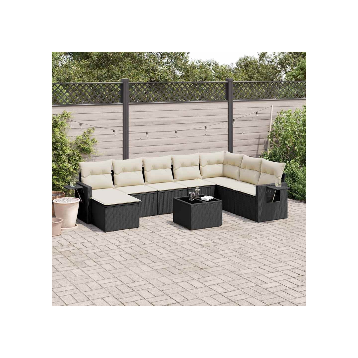 Salon de jardin 9 pcs avec coussins noir résine tressée