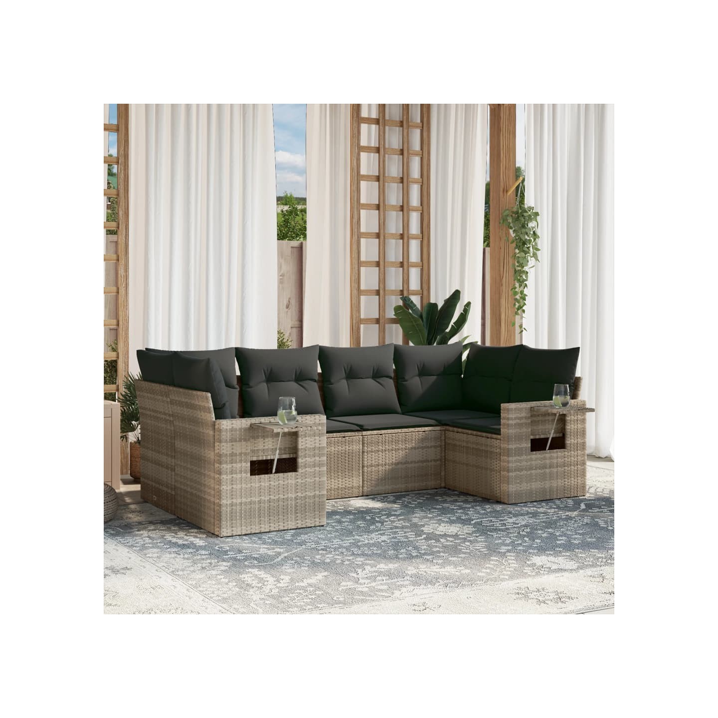 Salon de jardin 6 pcs avec coussins gris clair résine tressée