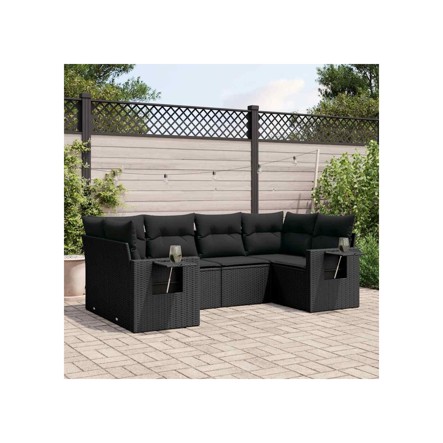 Salon de jardin 6 pcs avec coussins noir résine tressée