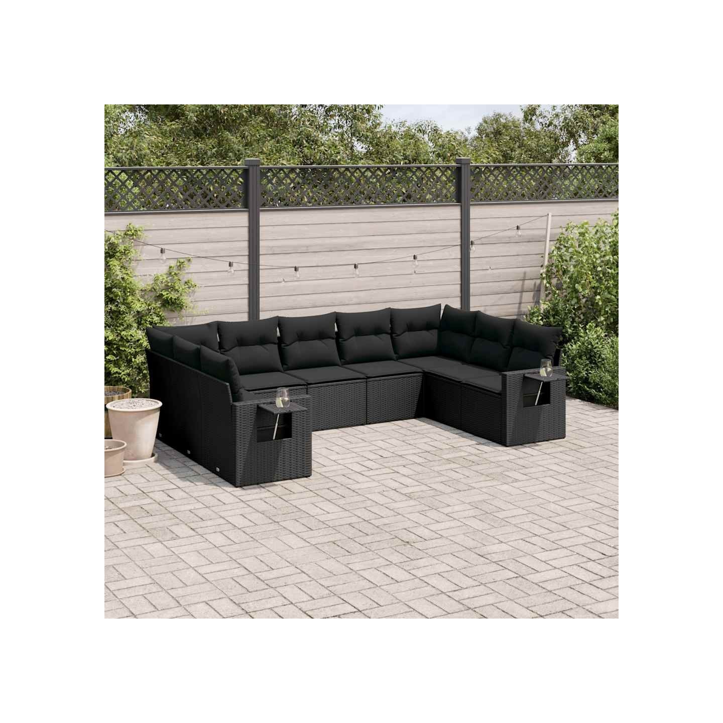Salon de jardin 9 pcs avec coussins noir résine tressée