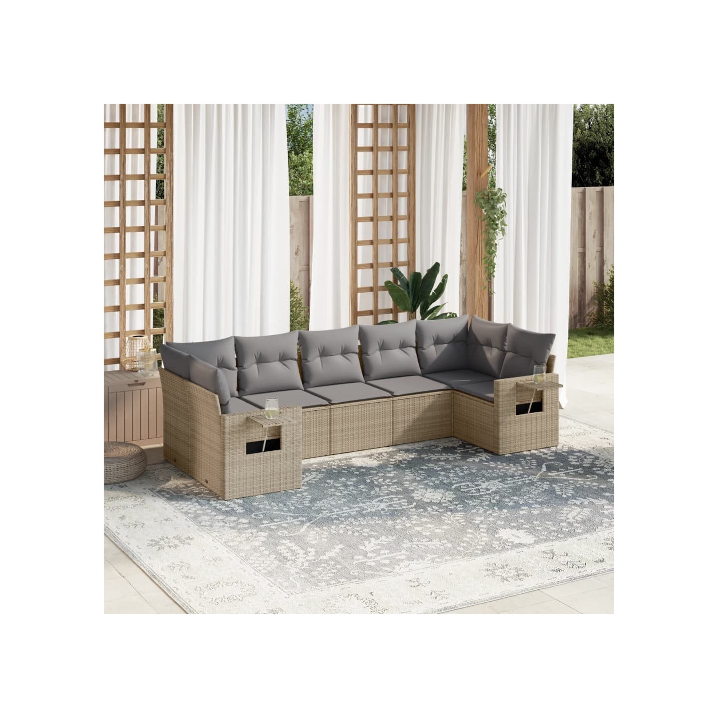 Salon de jardin avec coussins 7 pcs beige résine tressée