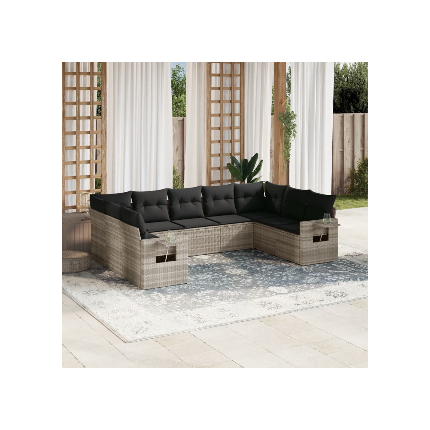 Salon de jardin 9 pcs avec coussins gris clair résine tressée