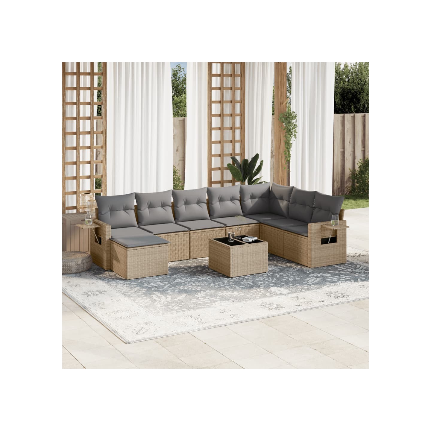 Salon de jardin avec coussins 9 pcs beige résine tressée