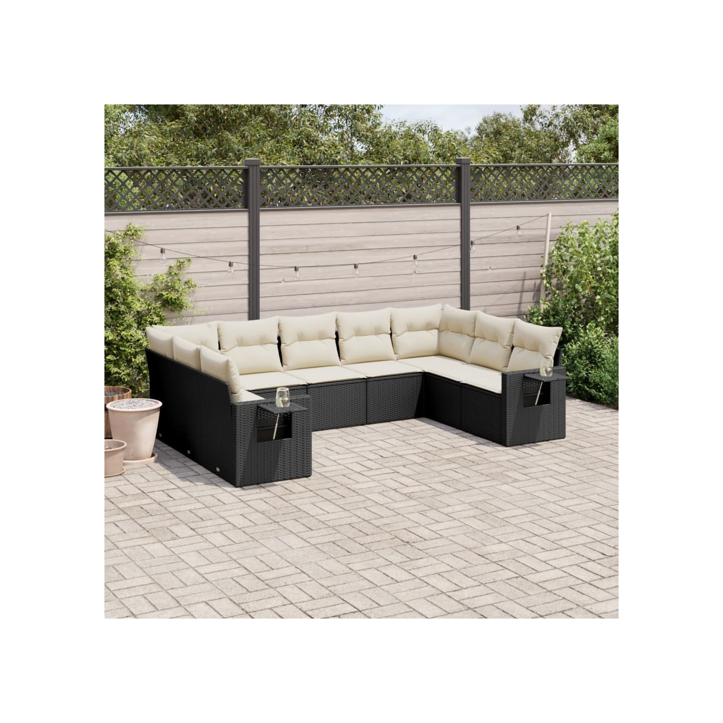 Salon de jardin 9 pcs avec coussins noir résine tressée