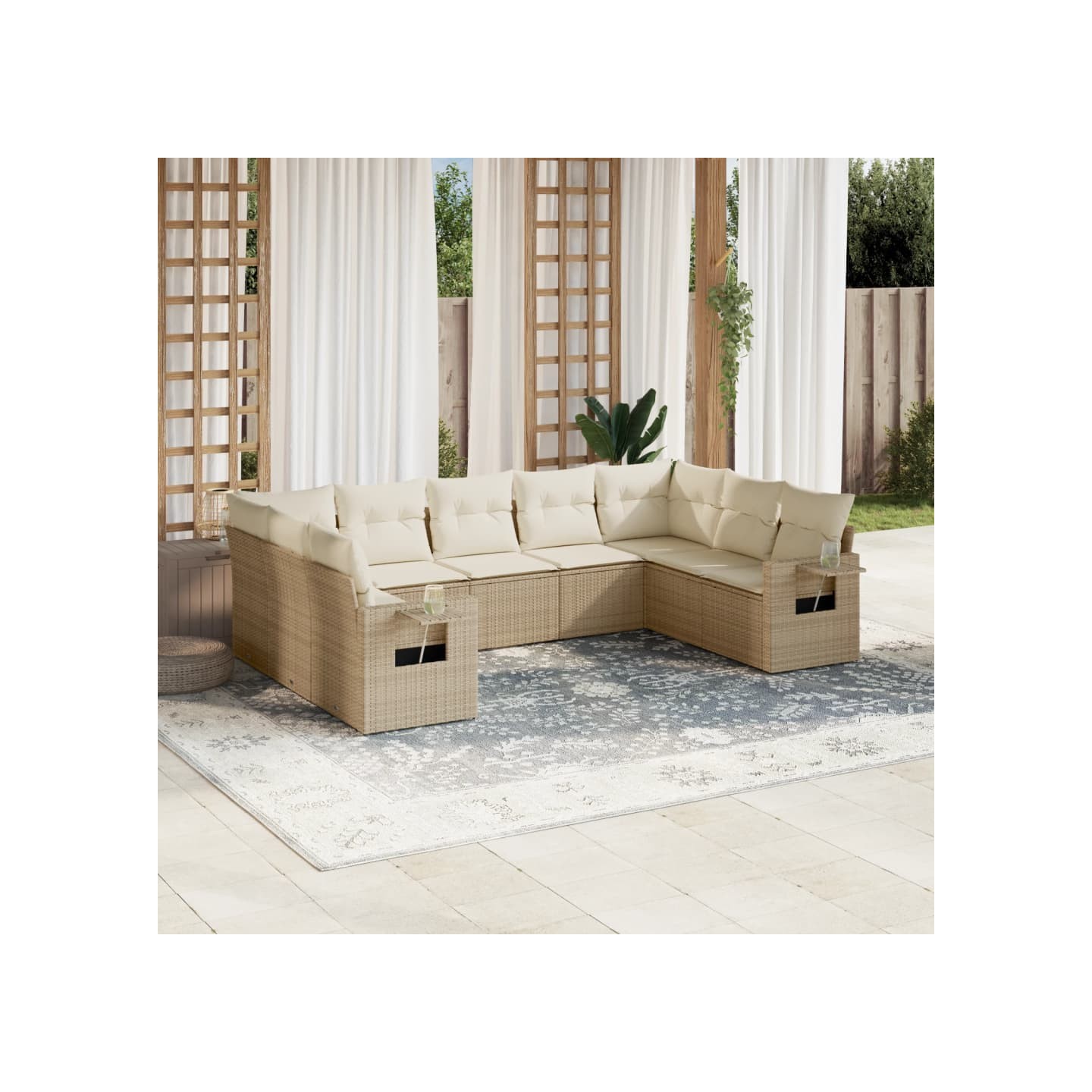 Salon de jardin avec coussins 9 pcs beige résine tressée